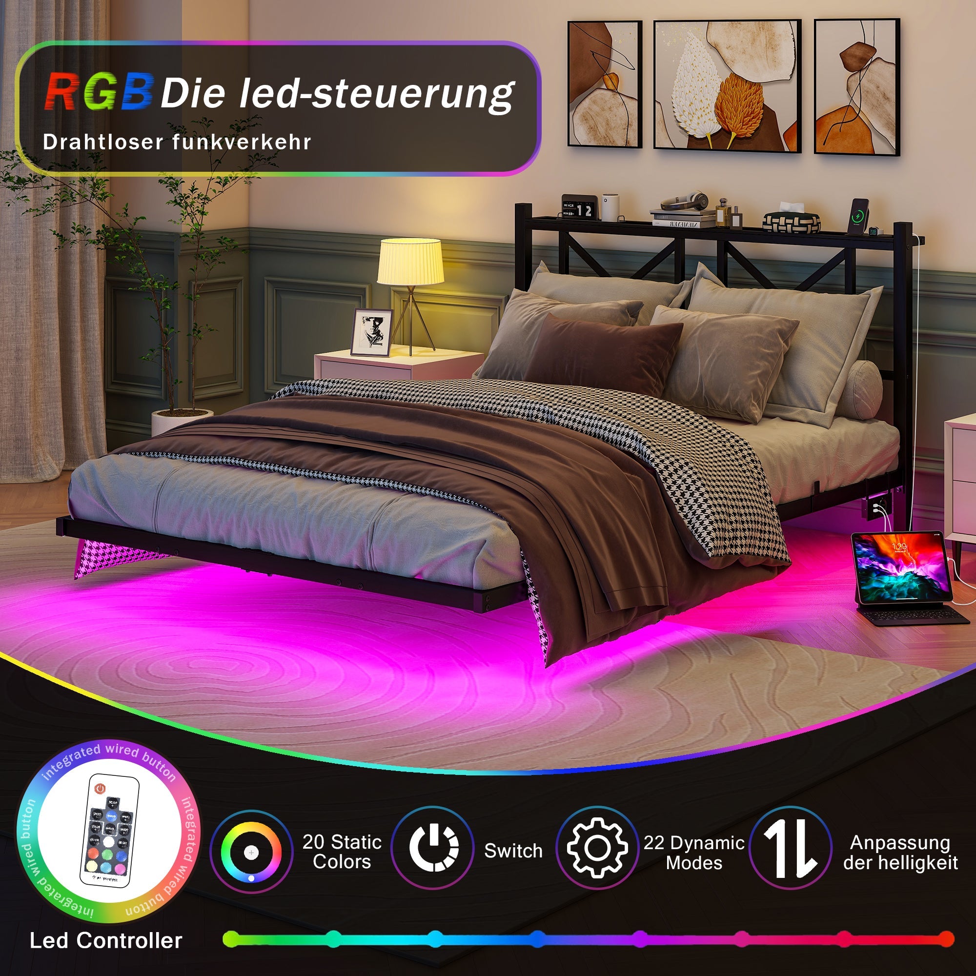 Logidon metalen bedframe 140x200 cm zwarte LED-verlichting