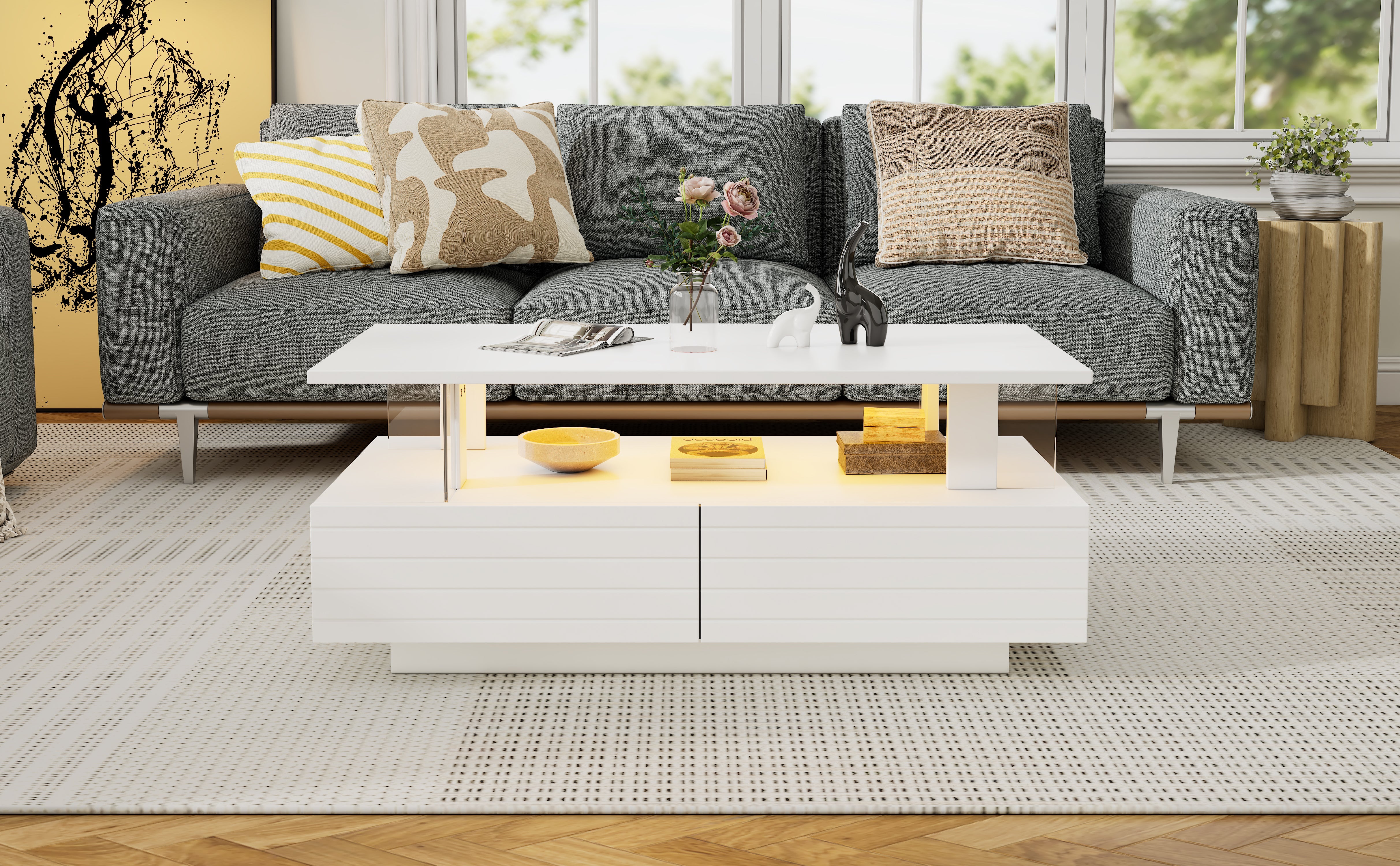 Logidon Witte LED Salontafel met Opbergruimte Bluetooth App Bediening 100x50x42 Cm