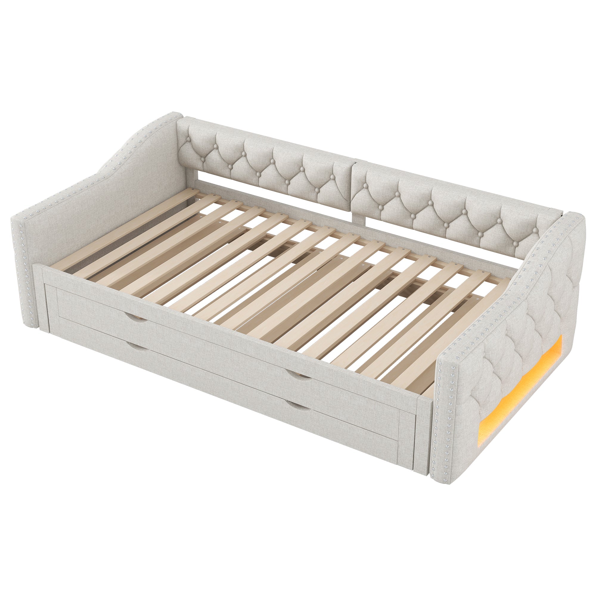 Logidon 90x200 gestoffeerd dagbed met LED-licht uitschuifbaar bed beige