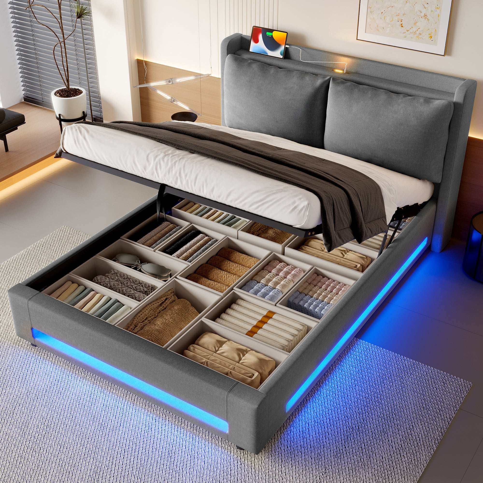Logidon Modern gestoffeerd bed grijs 140x200 cm met opbergruimte en LED