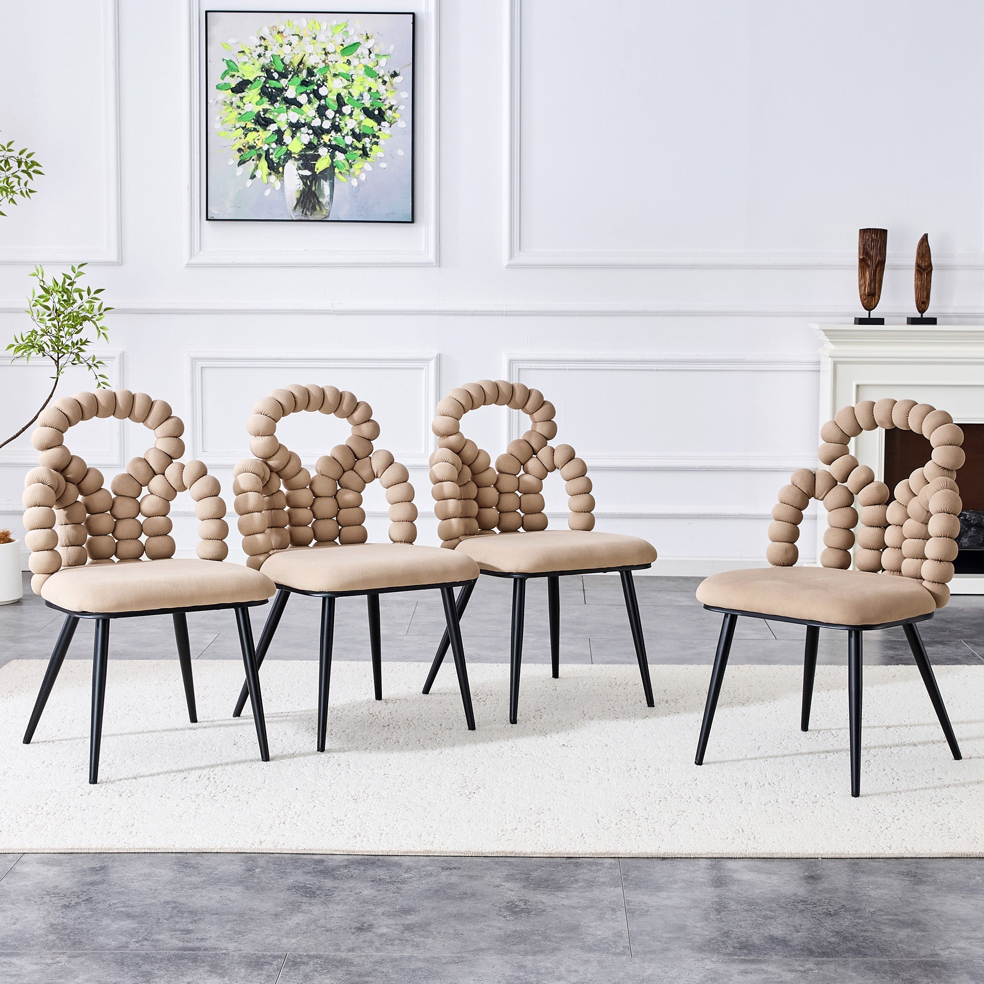 Logidon beige fluwelen eetkamerstoelen set met 2 kogelketting rugleuning