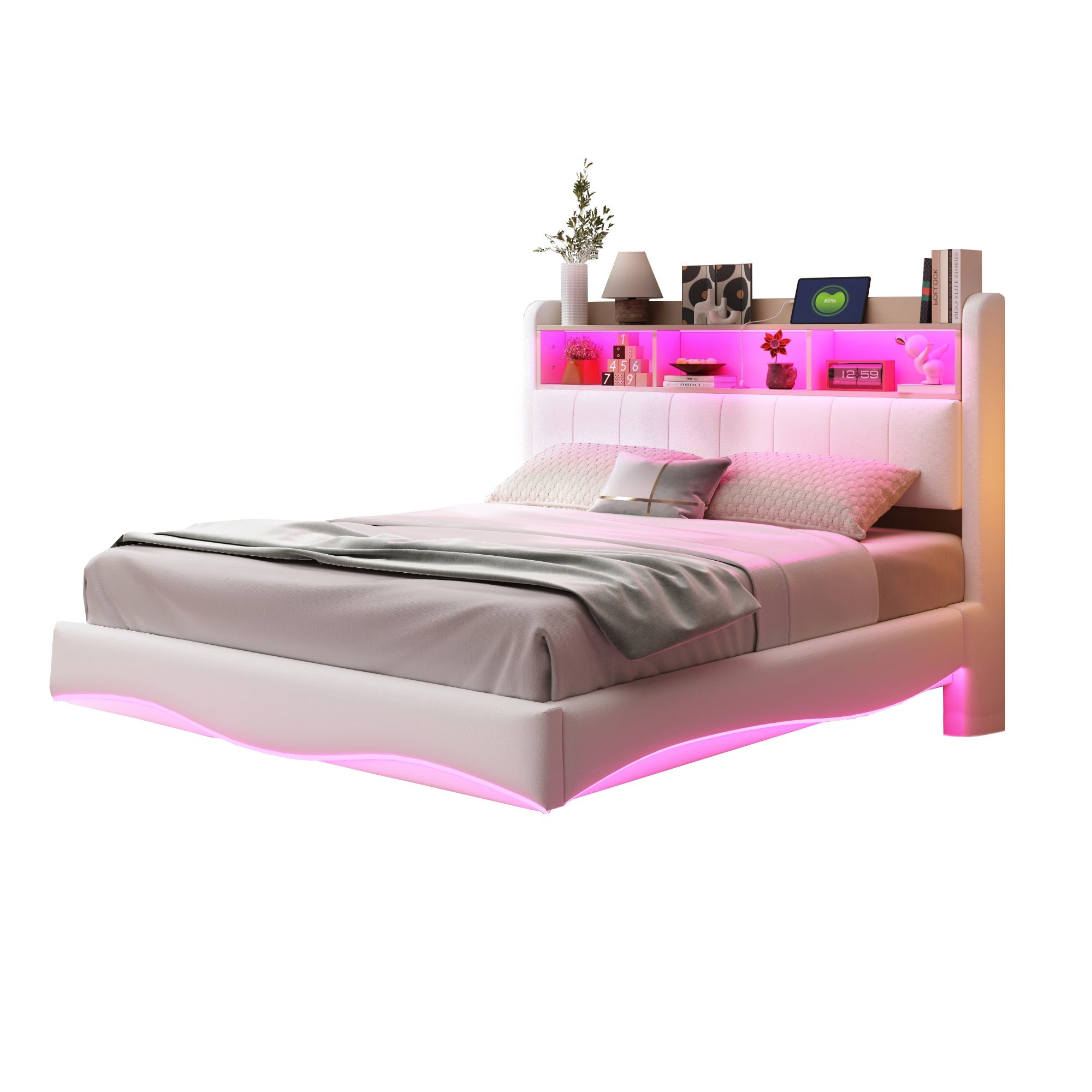 Logidon gestoffeerd bed 140x200 beige met LED-licht USB type C opbergruimte