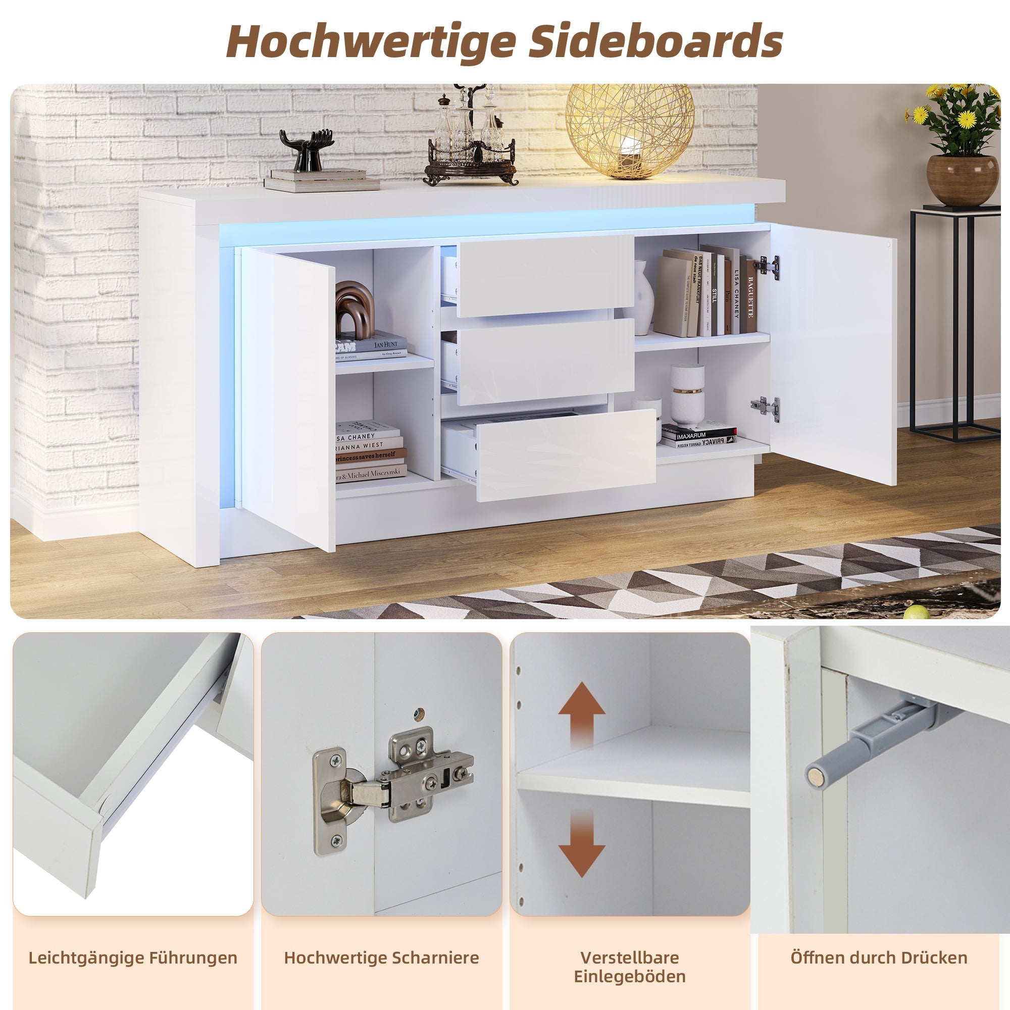 Logidon sideboard 140x35x72 cm white high gloss with LED