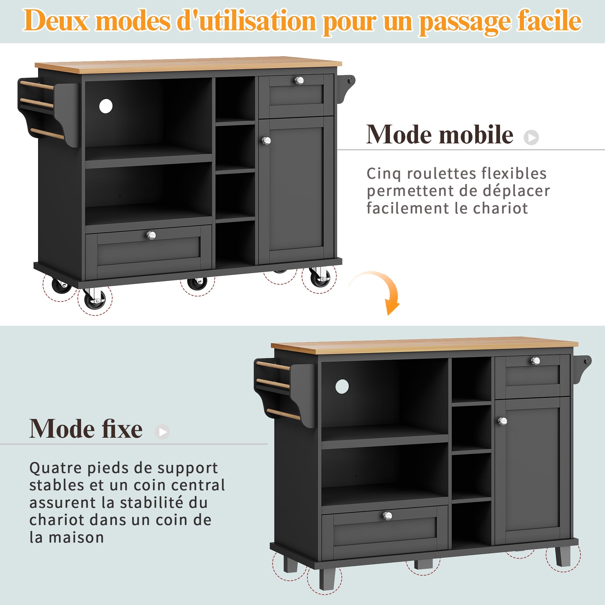 Logidon dining room trolley black with wooden top, drawers and cupboards