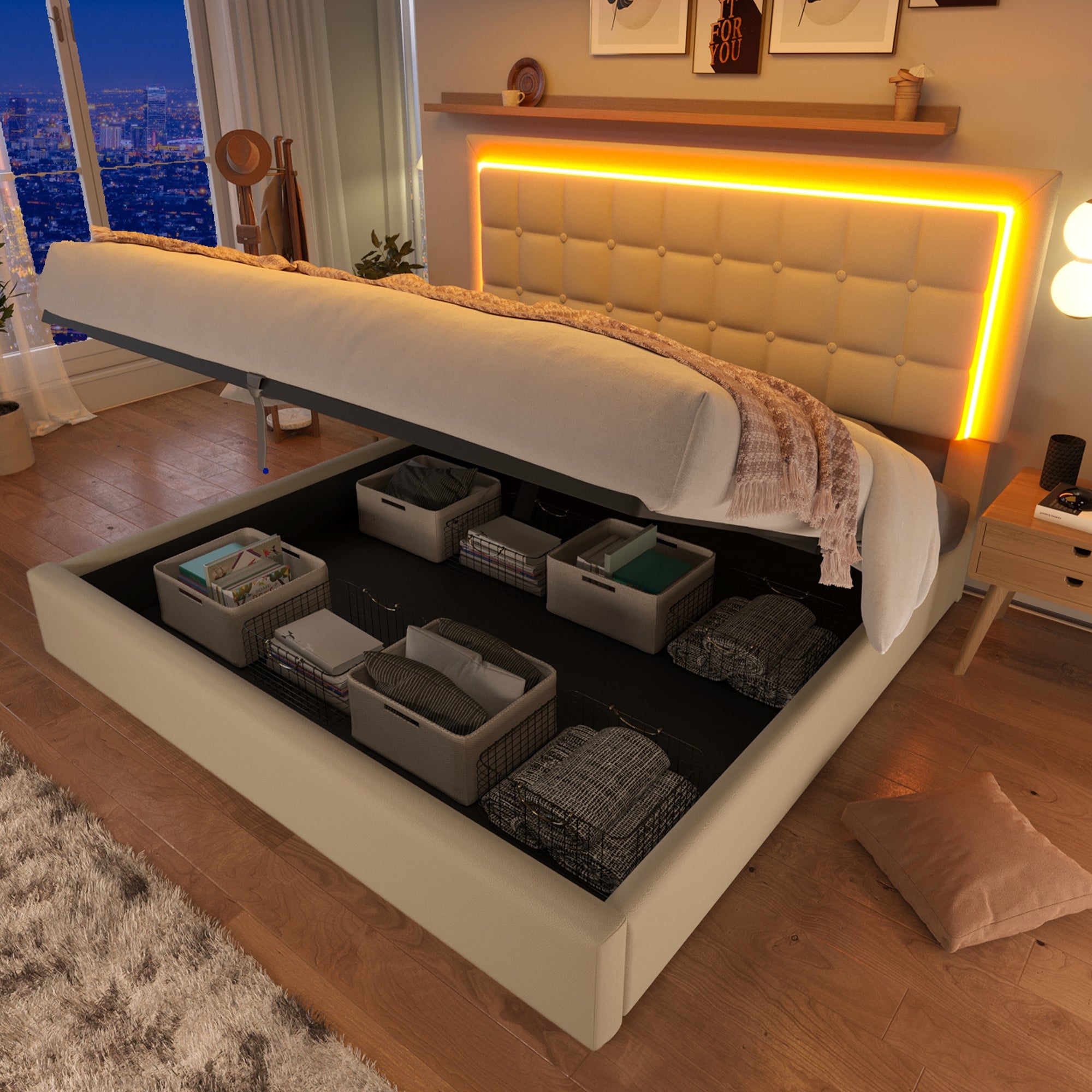 Logidon gestoffeerd bed 140x200 wit met opbergruimte en LED-verlichting