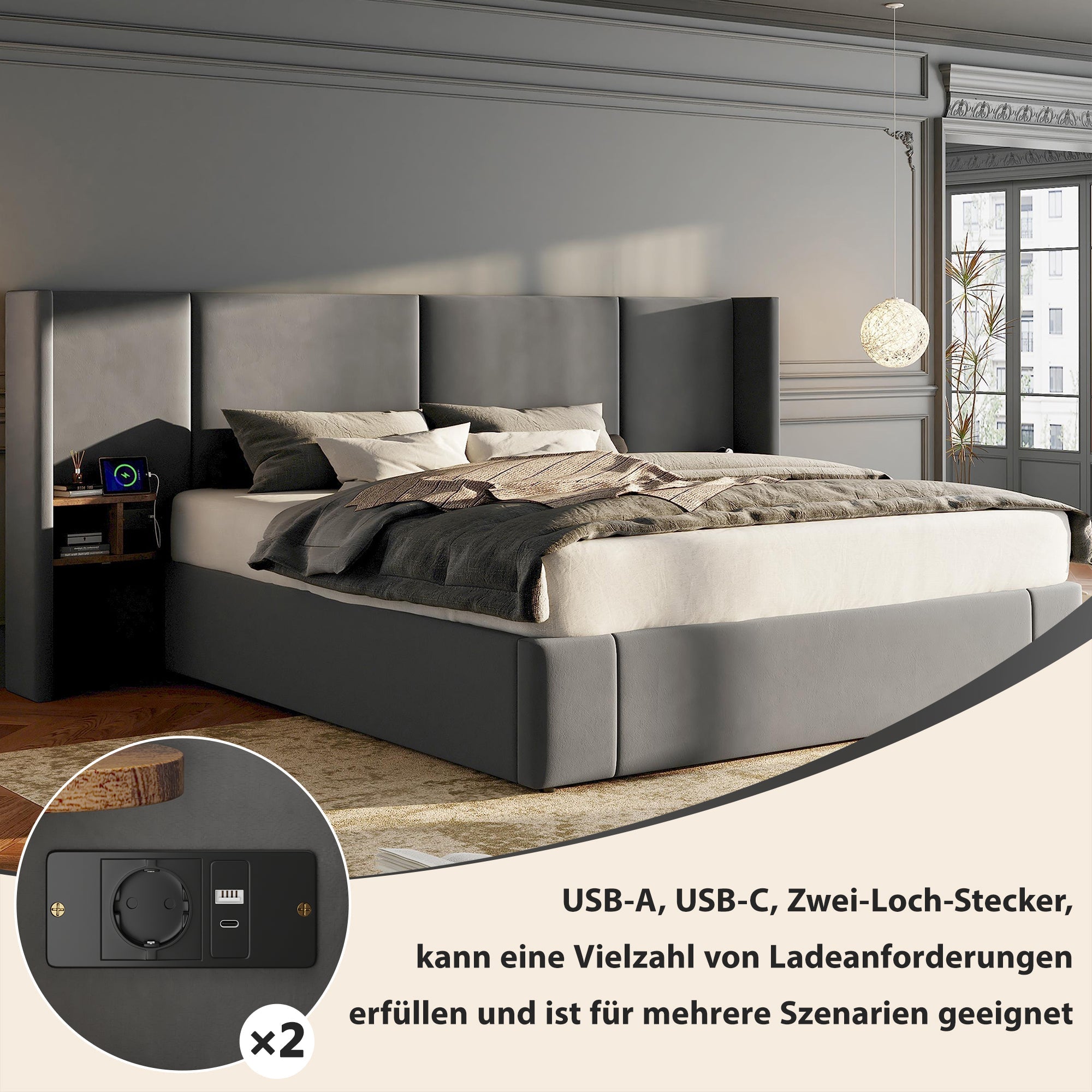 Logidon gestoffeerd bed 160x200 beige fluweel met USB-aansluitingen opbergruimte