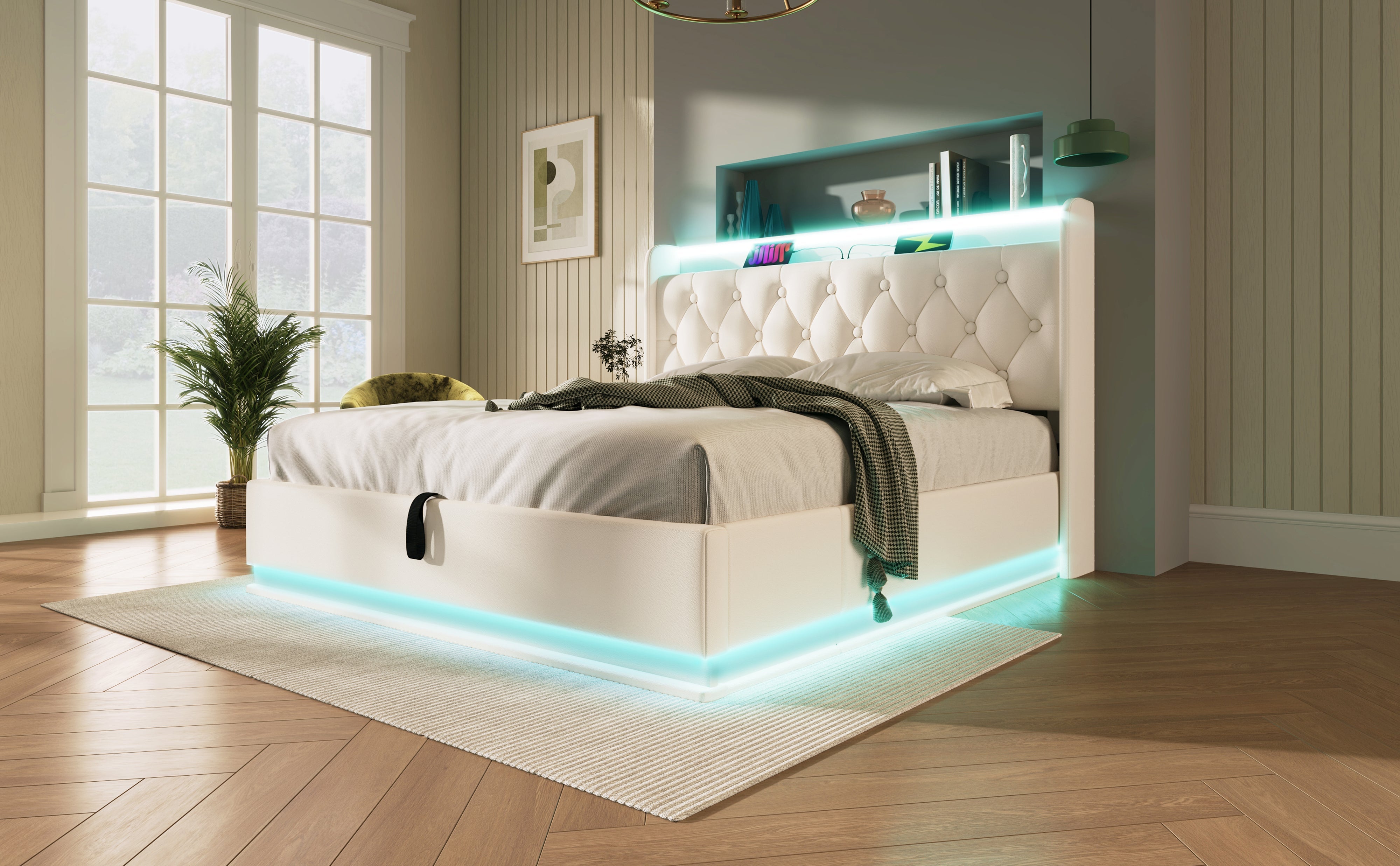 Logidon upholstered bed double bed 360 LED function 140x200 white PU