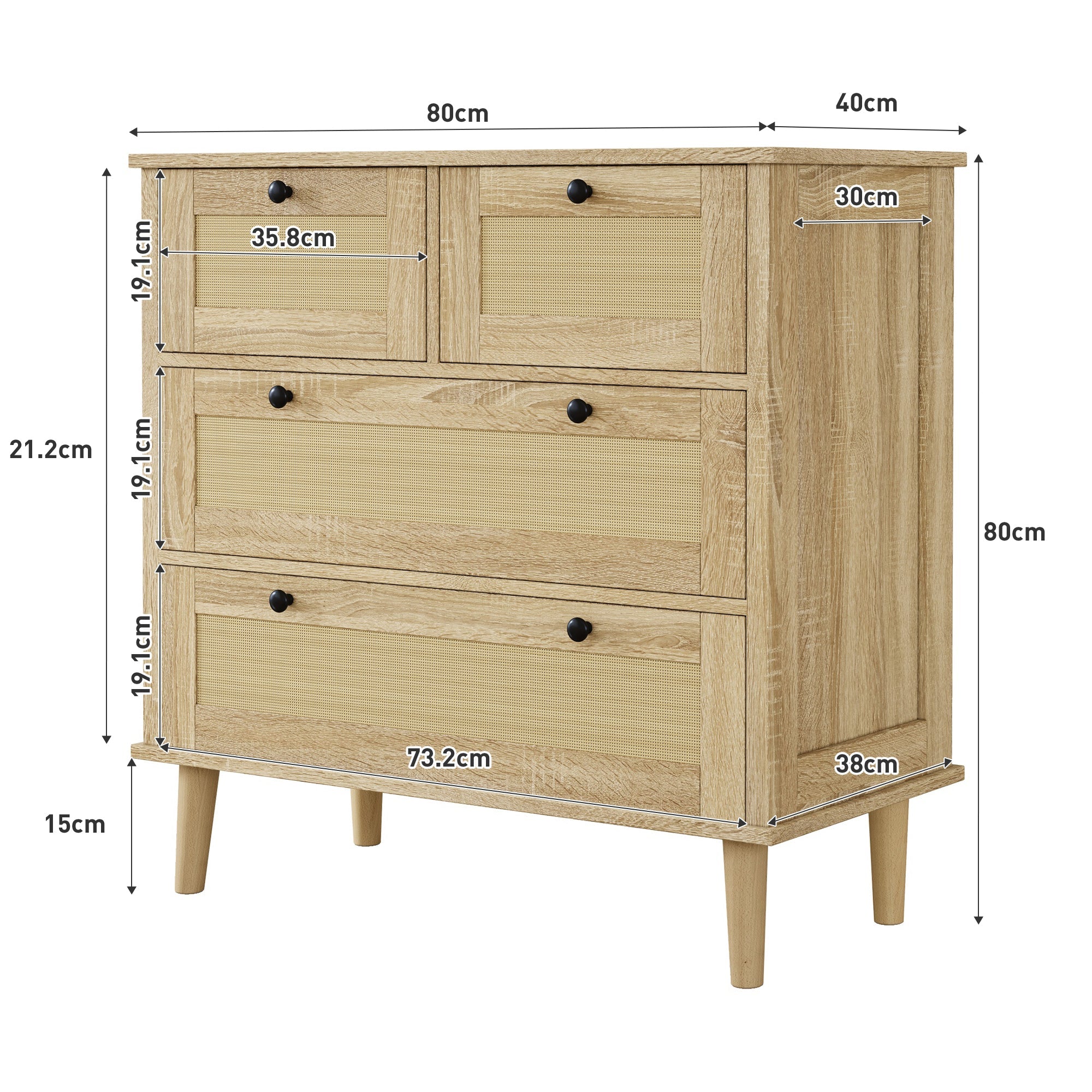 Logidon ladekast met 4 lades en rotan front naturel 80x40x80 cm