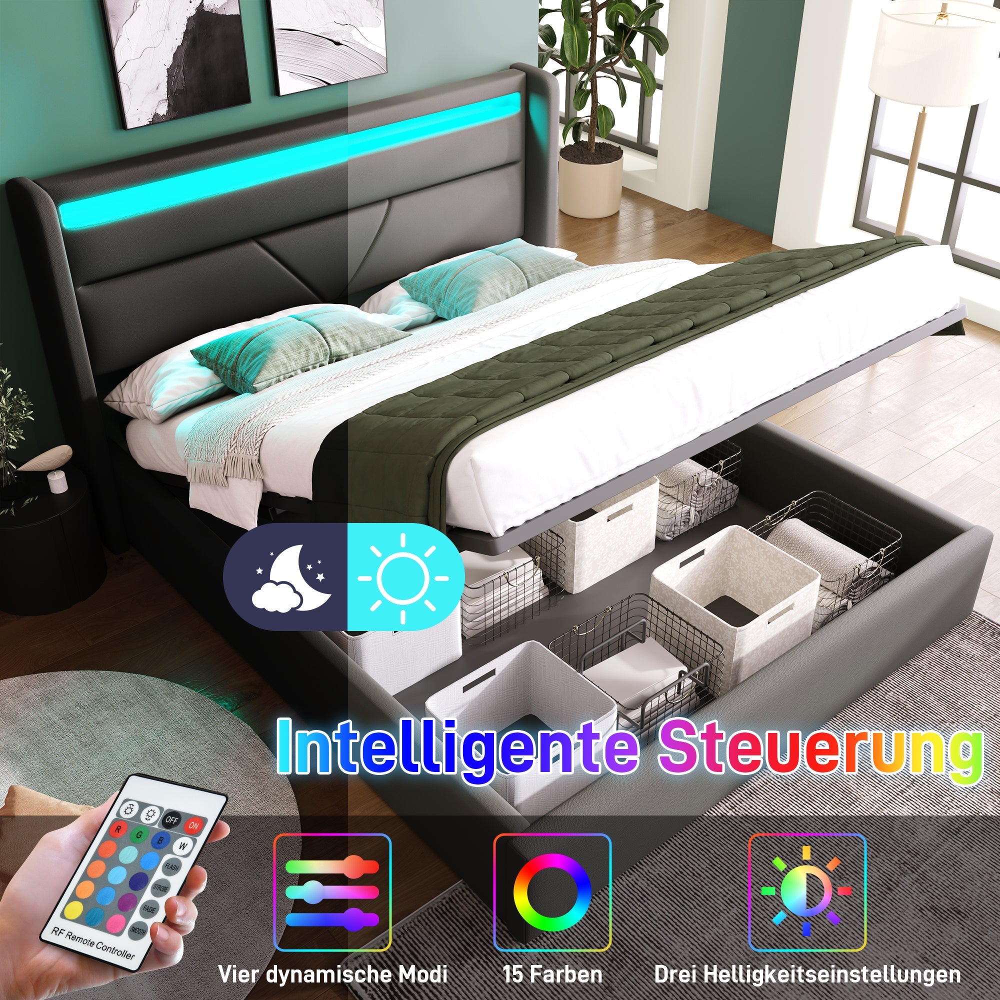Logidon hydraulisch opbergbed 140x200 grijze LED-verlichting