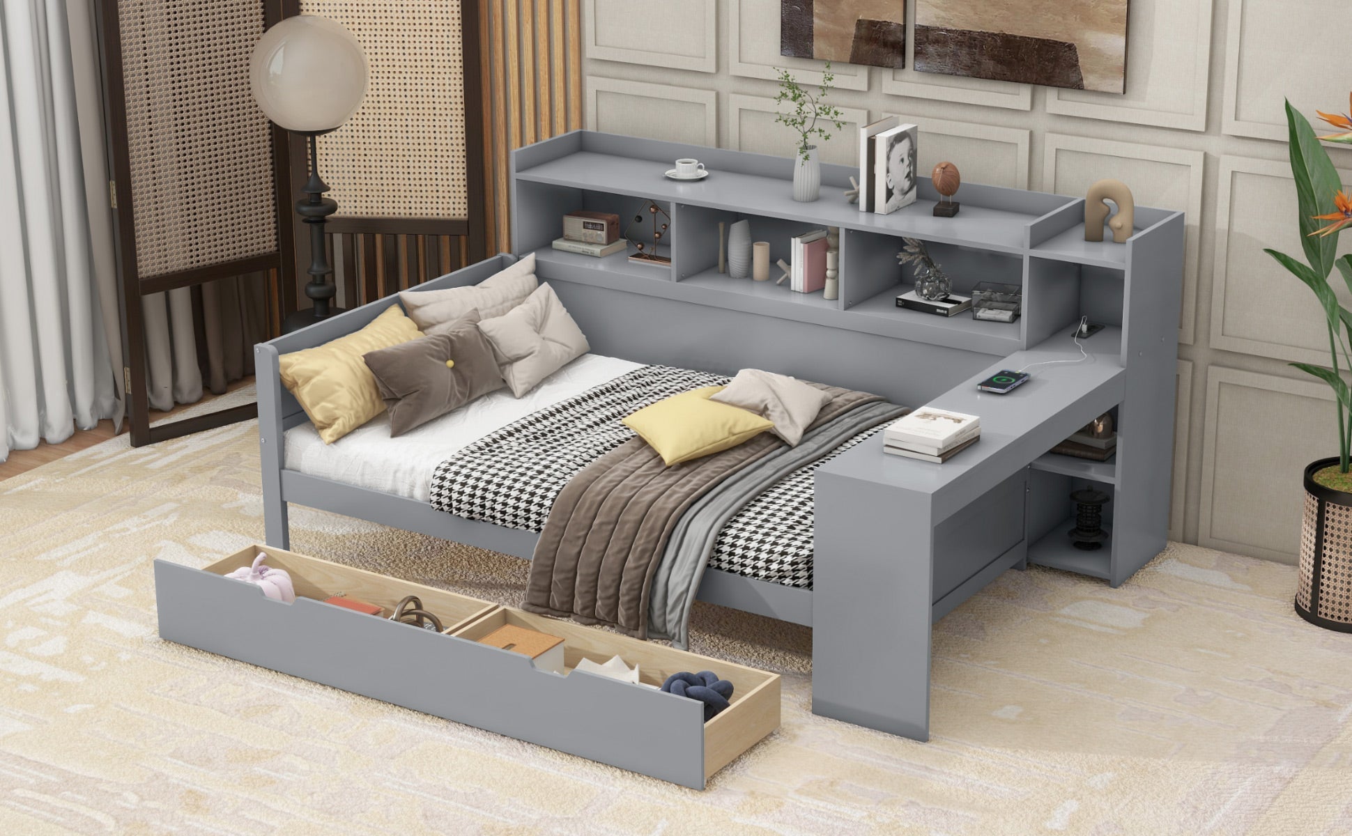 Logidon sofa bed 90x200 gray USB port 2 drawers
