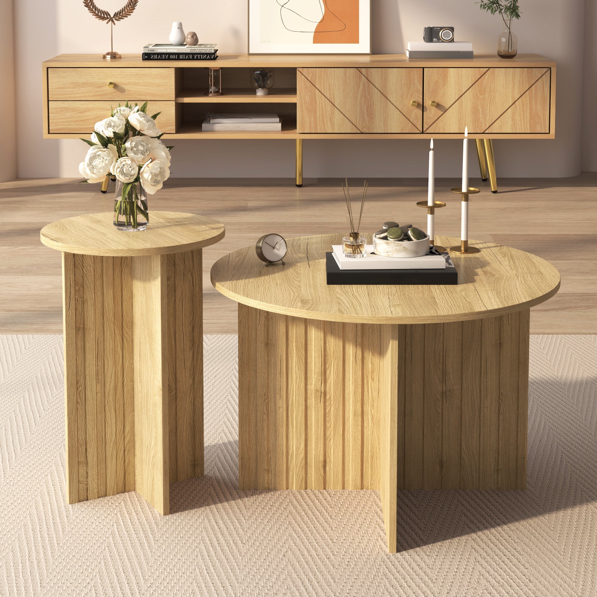 Logidon Nesttafelset 2-delig Naturel Hout Rond 76 Cm Scandinavisch
