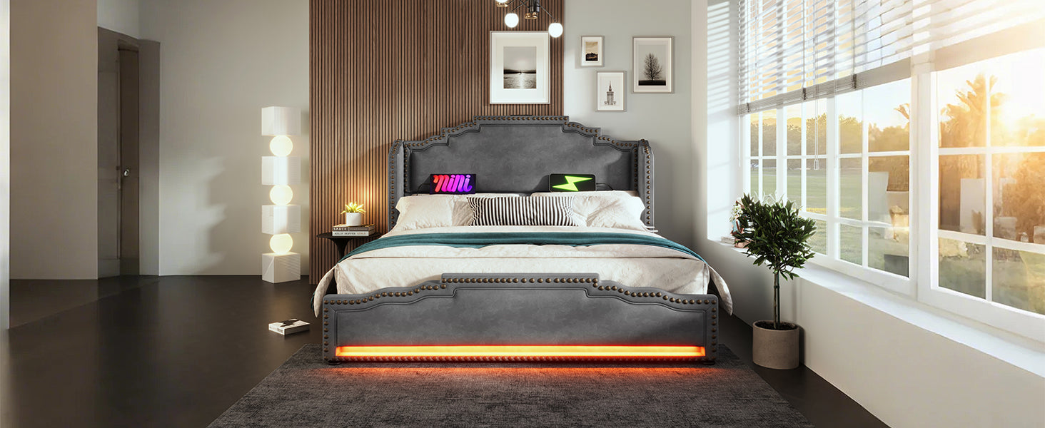 Logidon gestoffeerd bed 140x200 grijs fluweel met 4 lades en USB C
