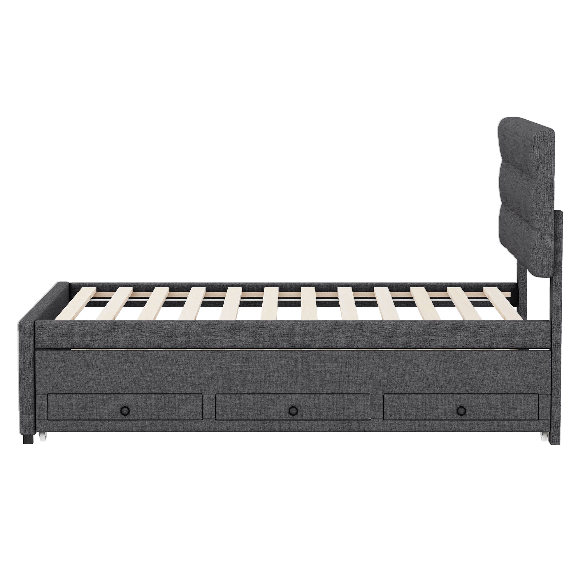 Logidon gestoffeerd bed 90x200cm grijs met drie lades en onderschuifbed