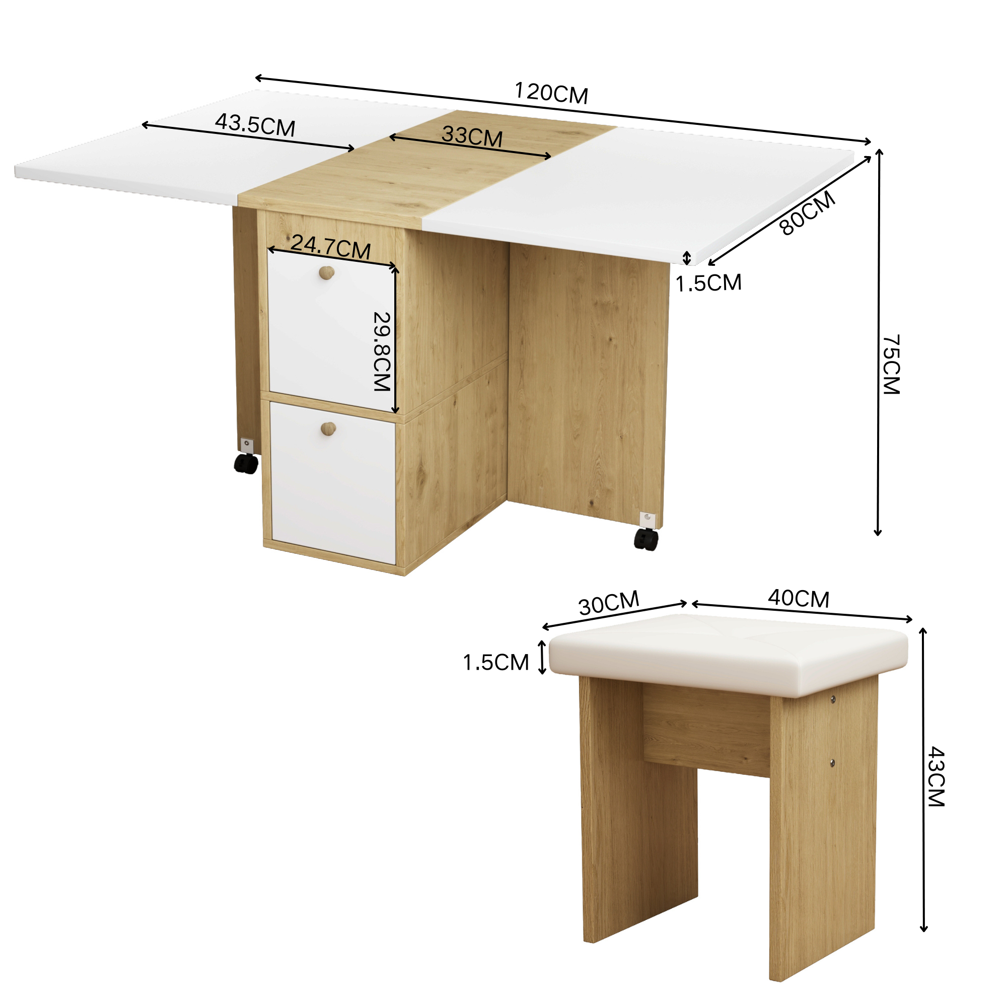 Logidon Eettafelset Wit Eiken 120x80x75cm met Vier Stoelen