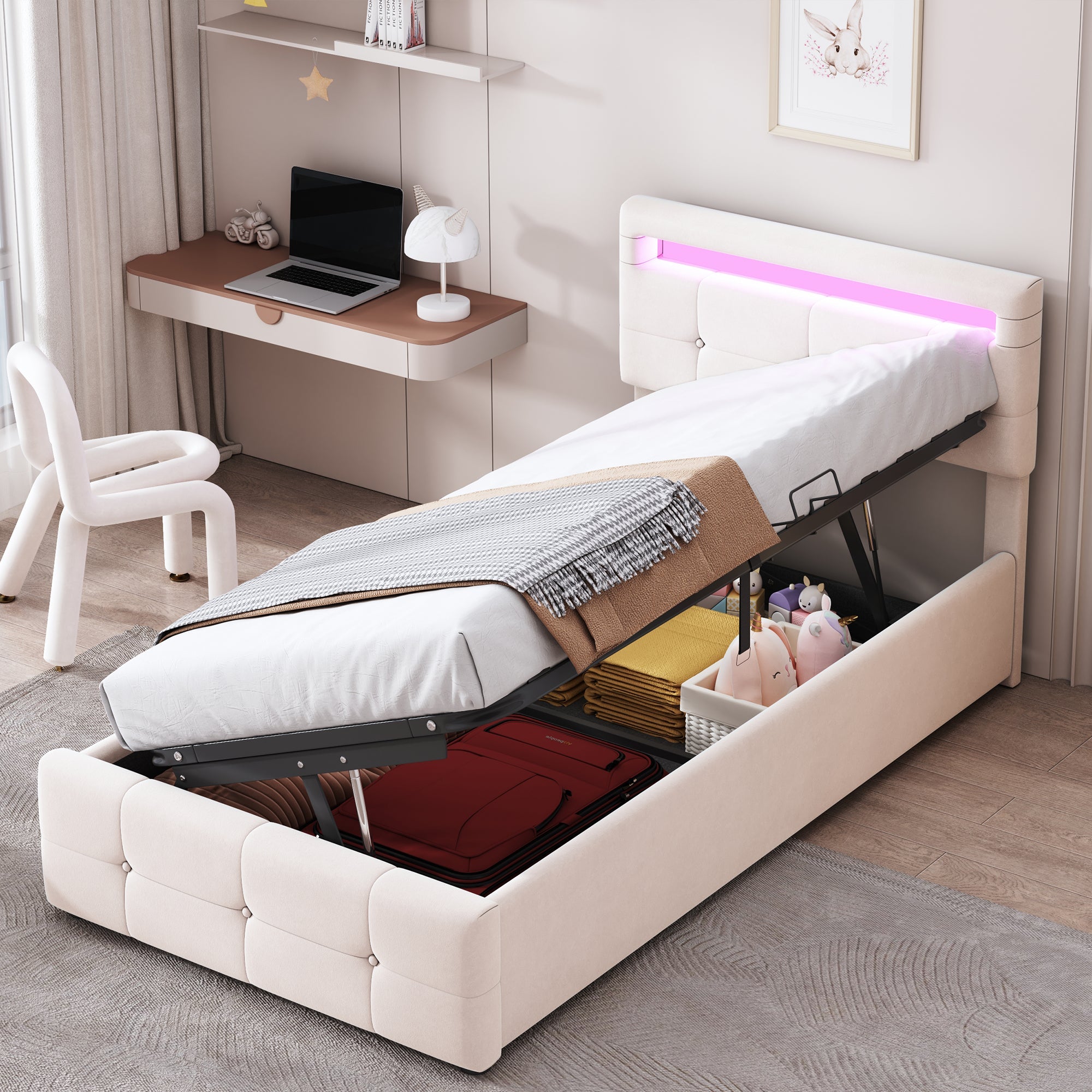 Logidon kinderbed 90x200 cm met LED verlichting beige fluweel