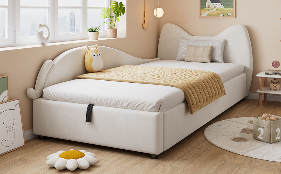 Logidon gestoffeerd kinderbed 90x200 beige kattendesign met opbergruimte