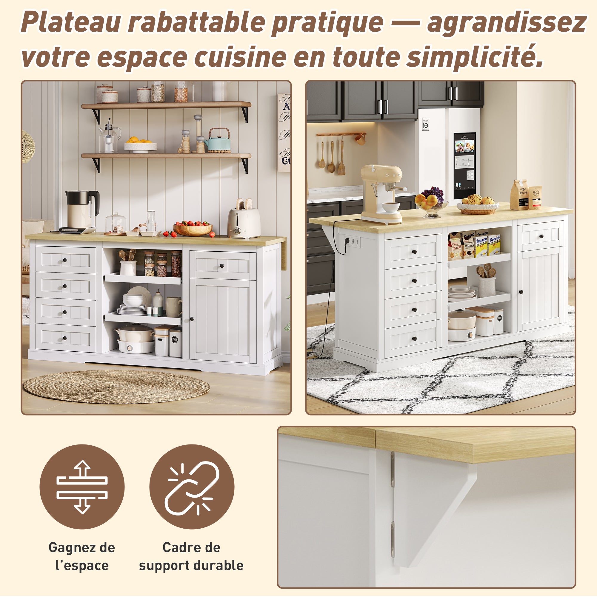 Logidon dressoir keukeneiland wit houten blad 5 laden 150x65x75 cm