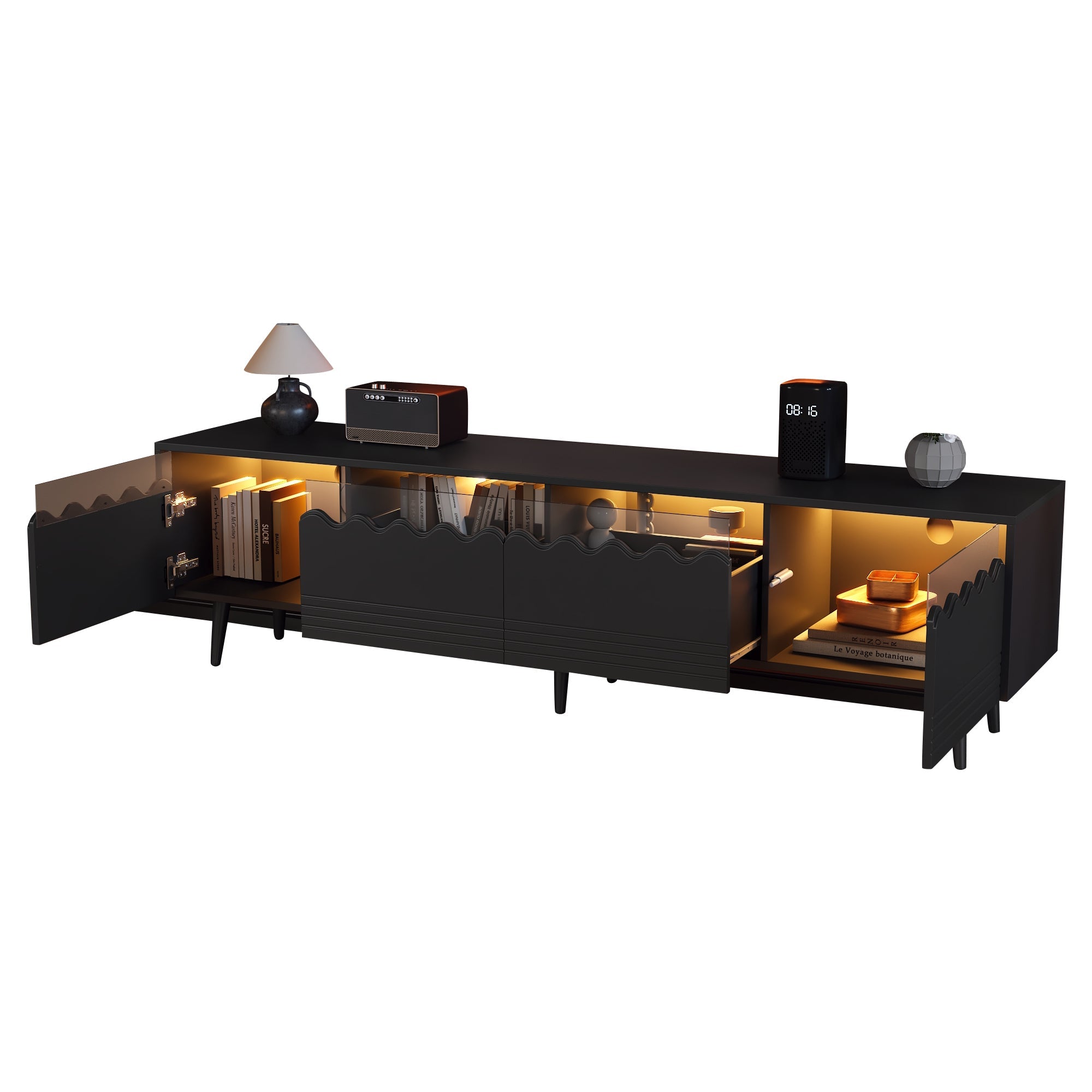 Logidon 176x38x45 cm zwart TV-lowboard met LED-verlichting