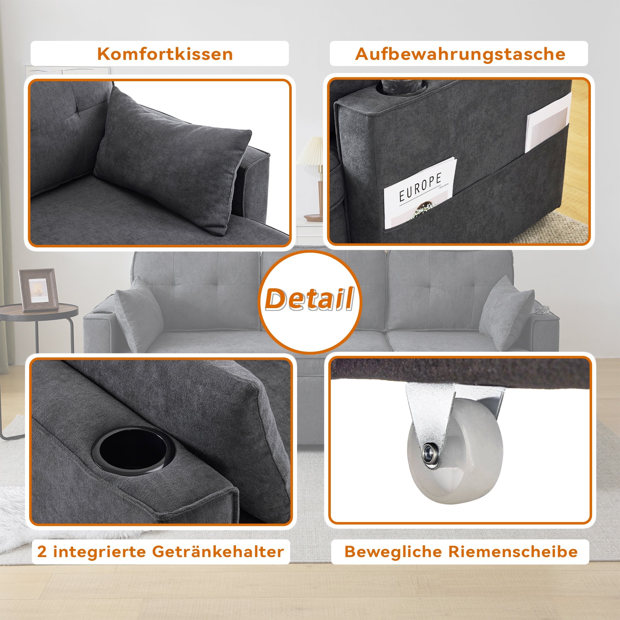 Logidon sofa bed gray L-shape with storage space and cup holder
