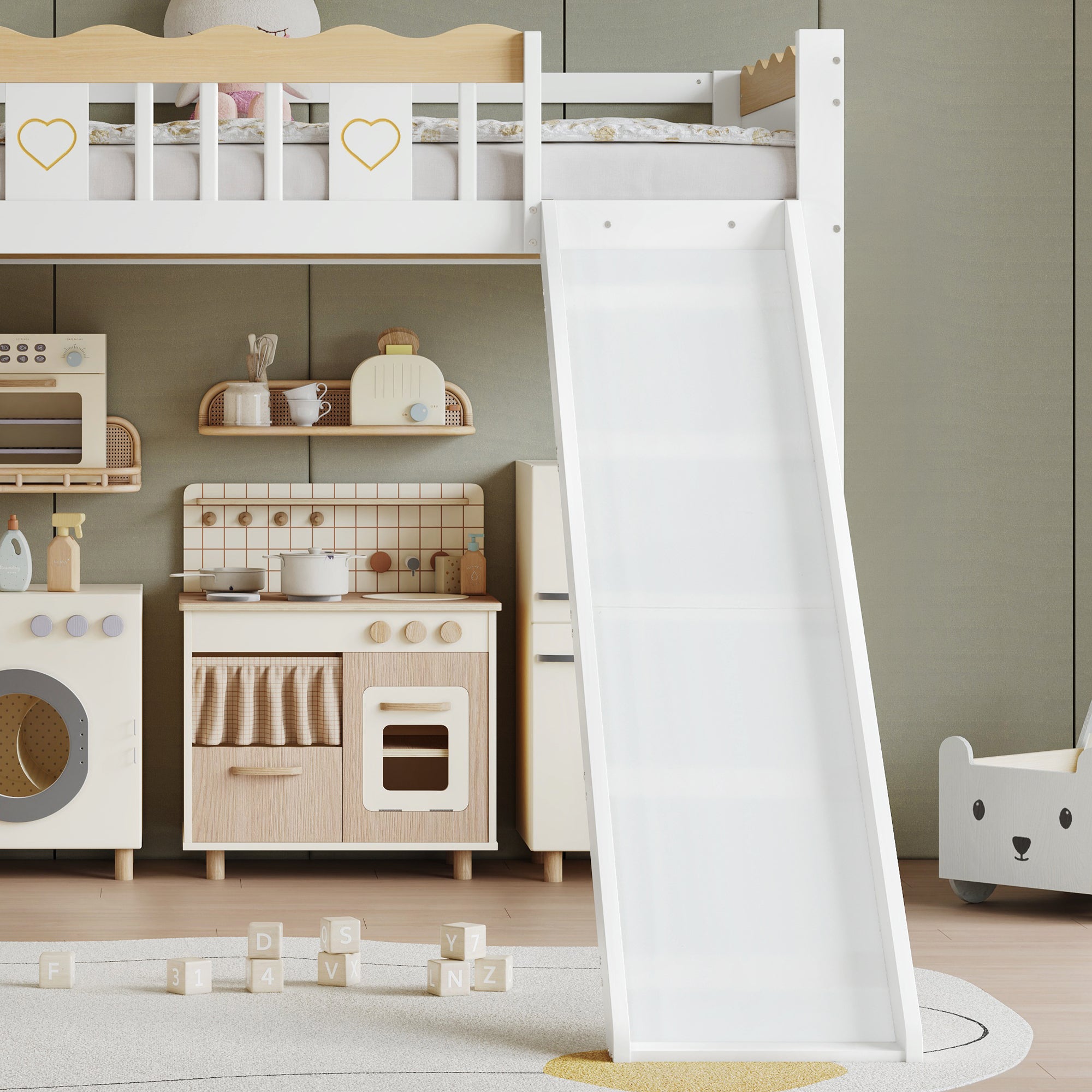 Logidon hoogslaper 90x200 cm met glijbaan en kledingkast wit naturel