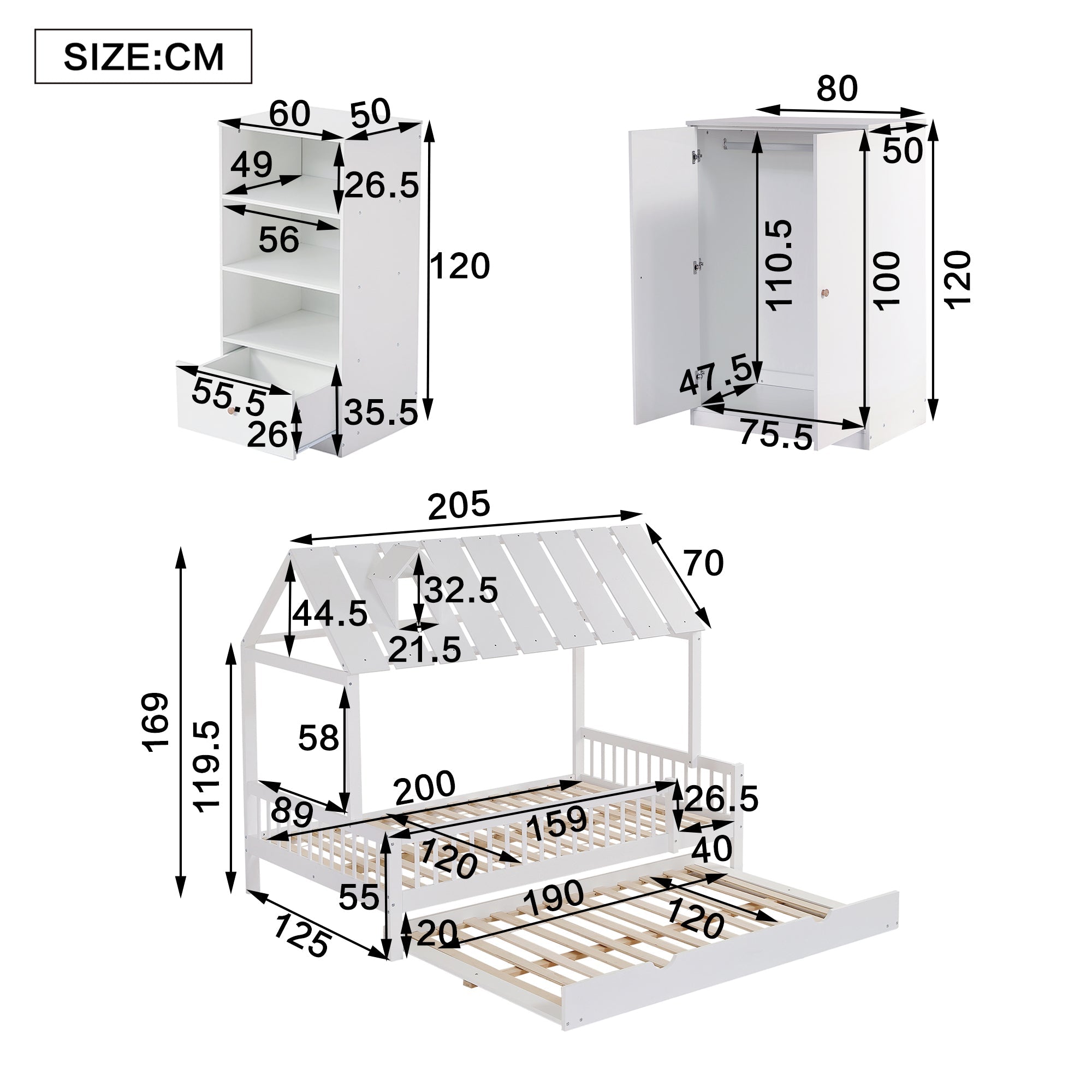 Logidon complete bedroom 3-piece house bed pull-out bed white 120x200