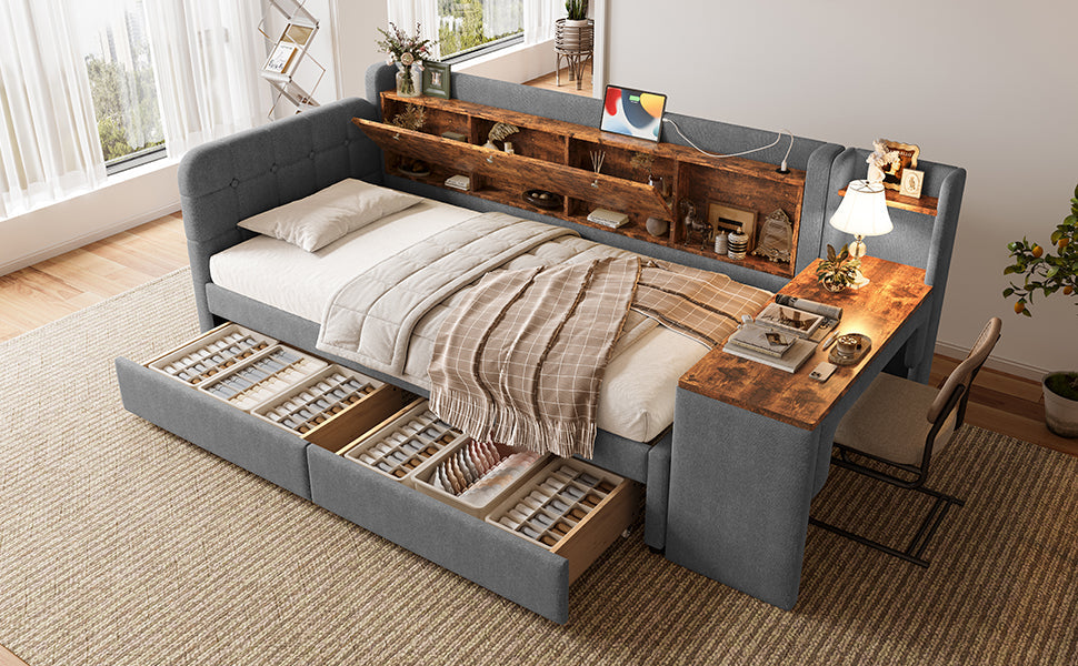 Logidon Daybed 90x200 cm slaapbank met bureau grijs USB Type C