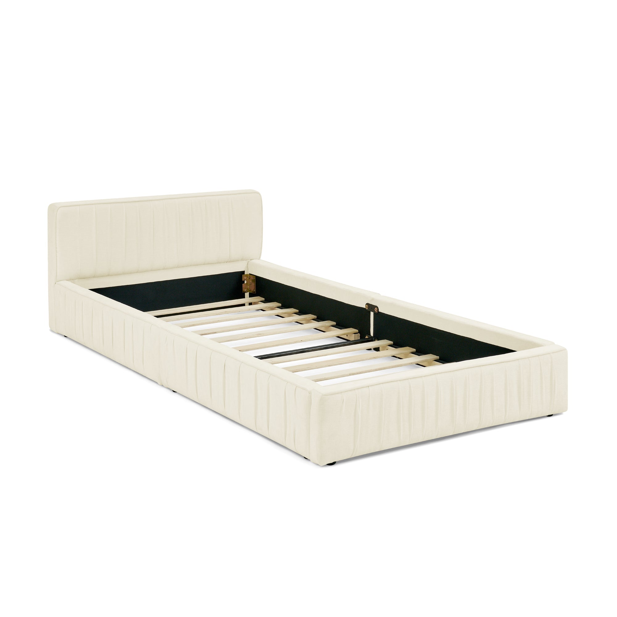 Logidon eenpersoonsbed 90x200cm chenille beige eucalyptushout ijzeren frame