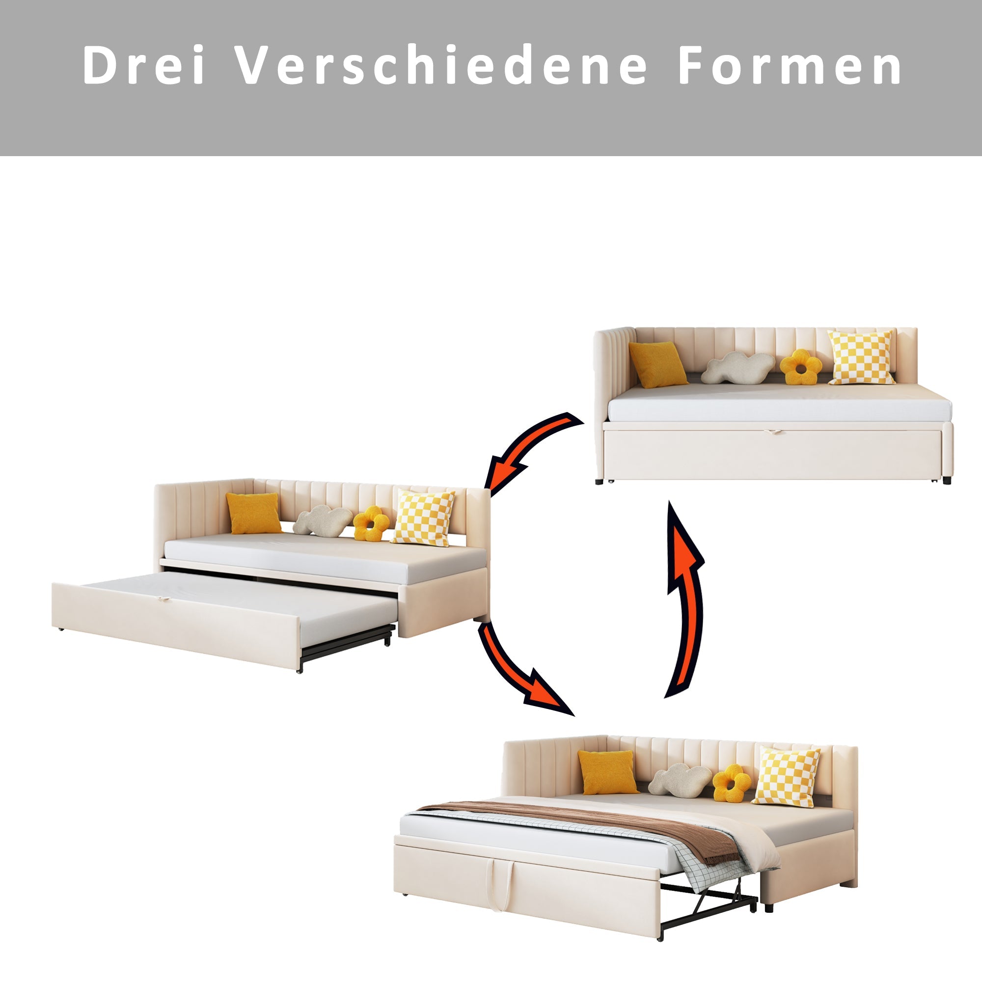 Logidon sofa bed L-shape beige velvet pull-out bed 90/180x200