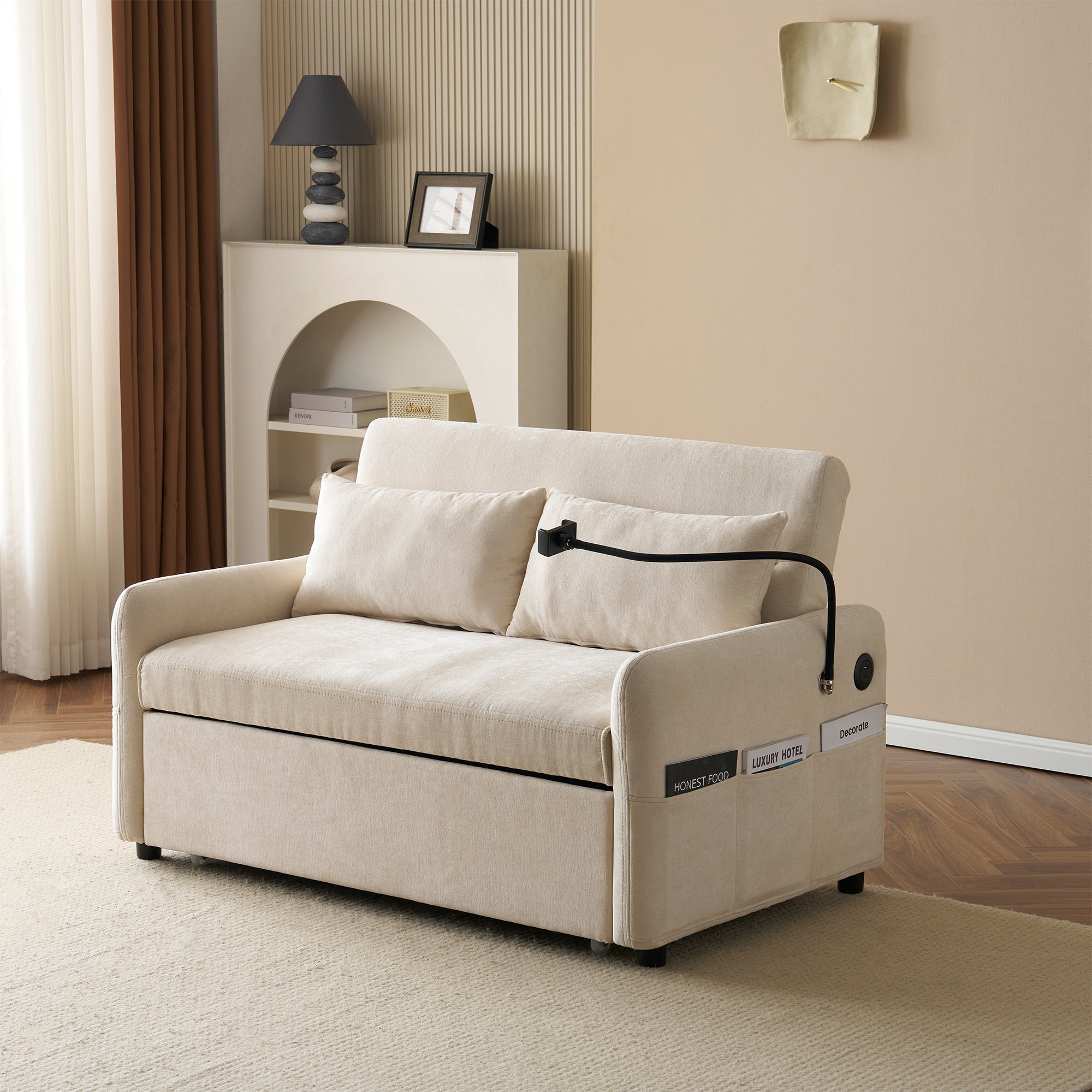Logidon Modern Double Folding Sofa Beige Chenille With Sleep Function