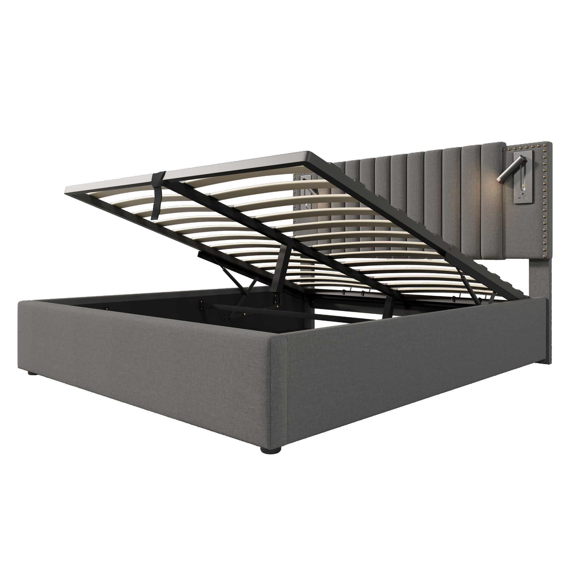 Logidon gestoffeerd bed 160x200 met opbergruimte en USB-leesapparaat lichtgrijs