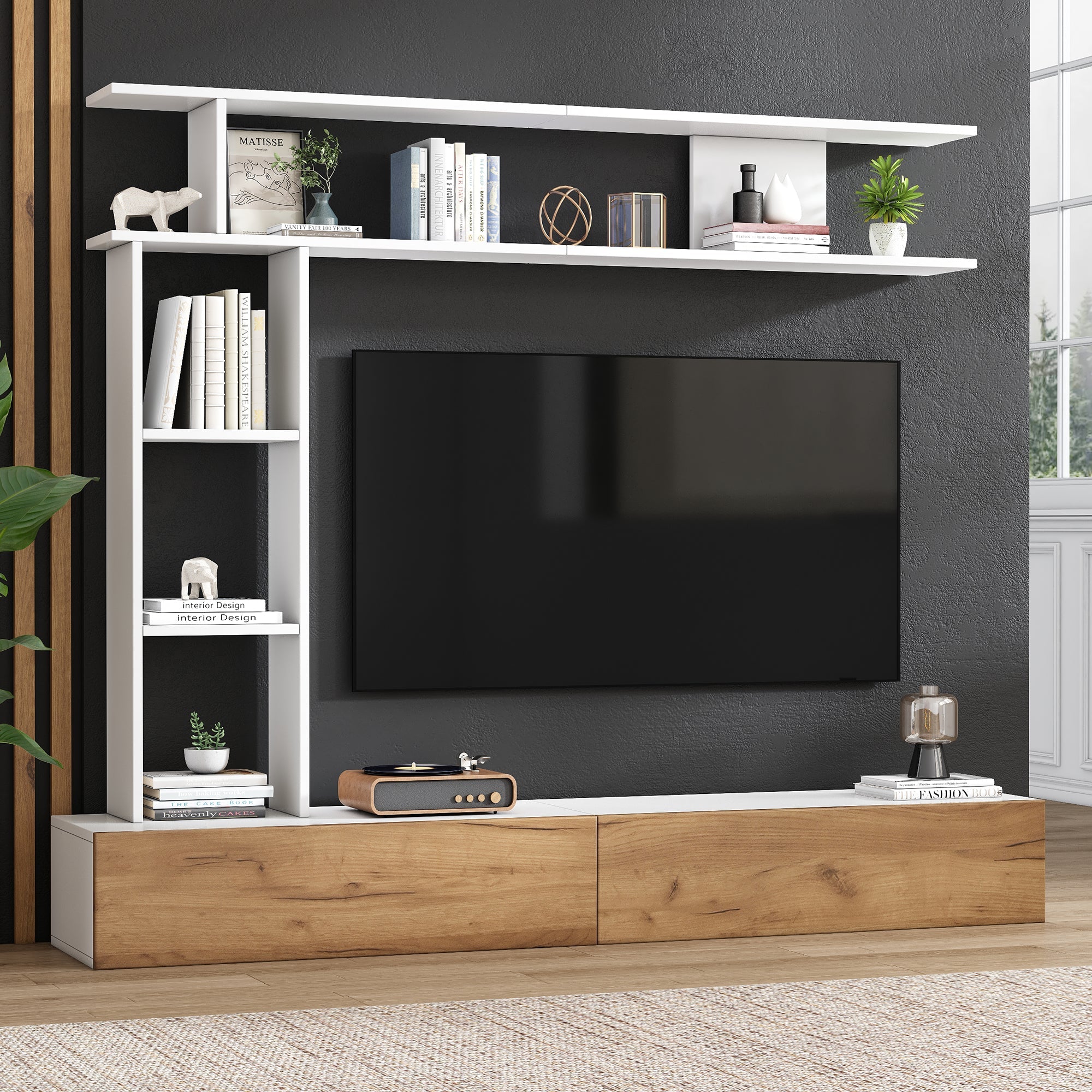 Logidon TV wandmeubel 180 cm wit houtlook met vitrinekasten