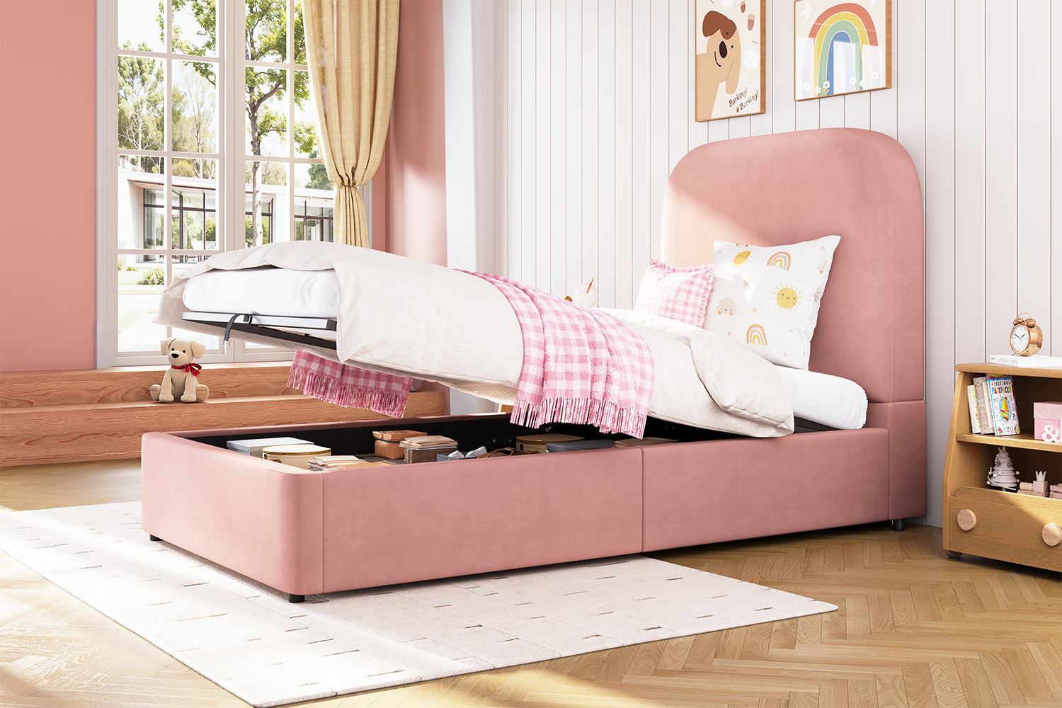 Logidon gestoffeerd bed 90x200 roze hydraulisch met opbergruimte fluweel