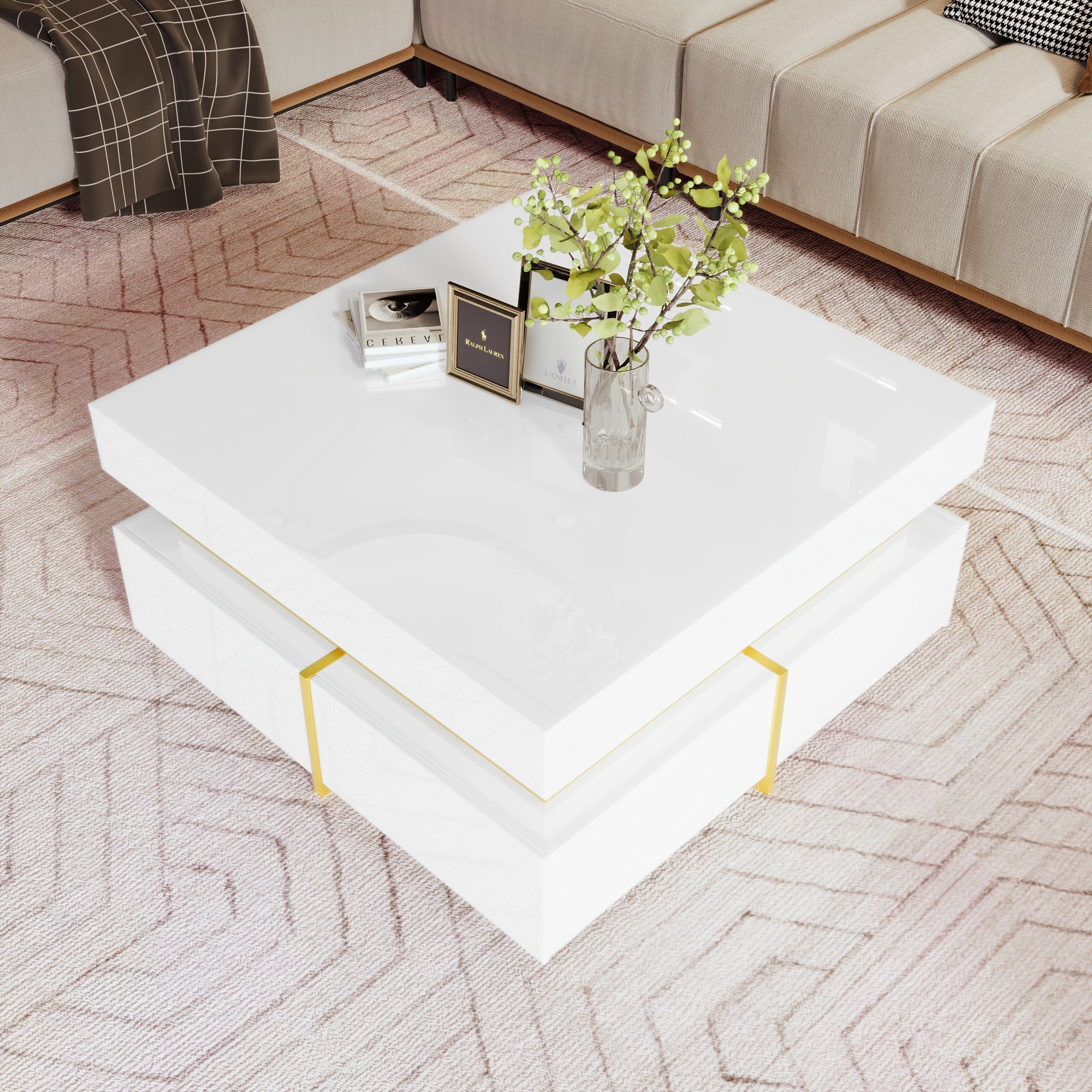 Logidon high gloss coffee table with drawers and gold accents