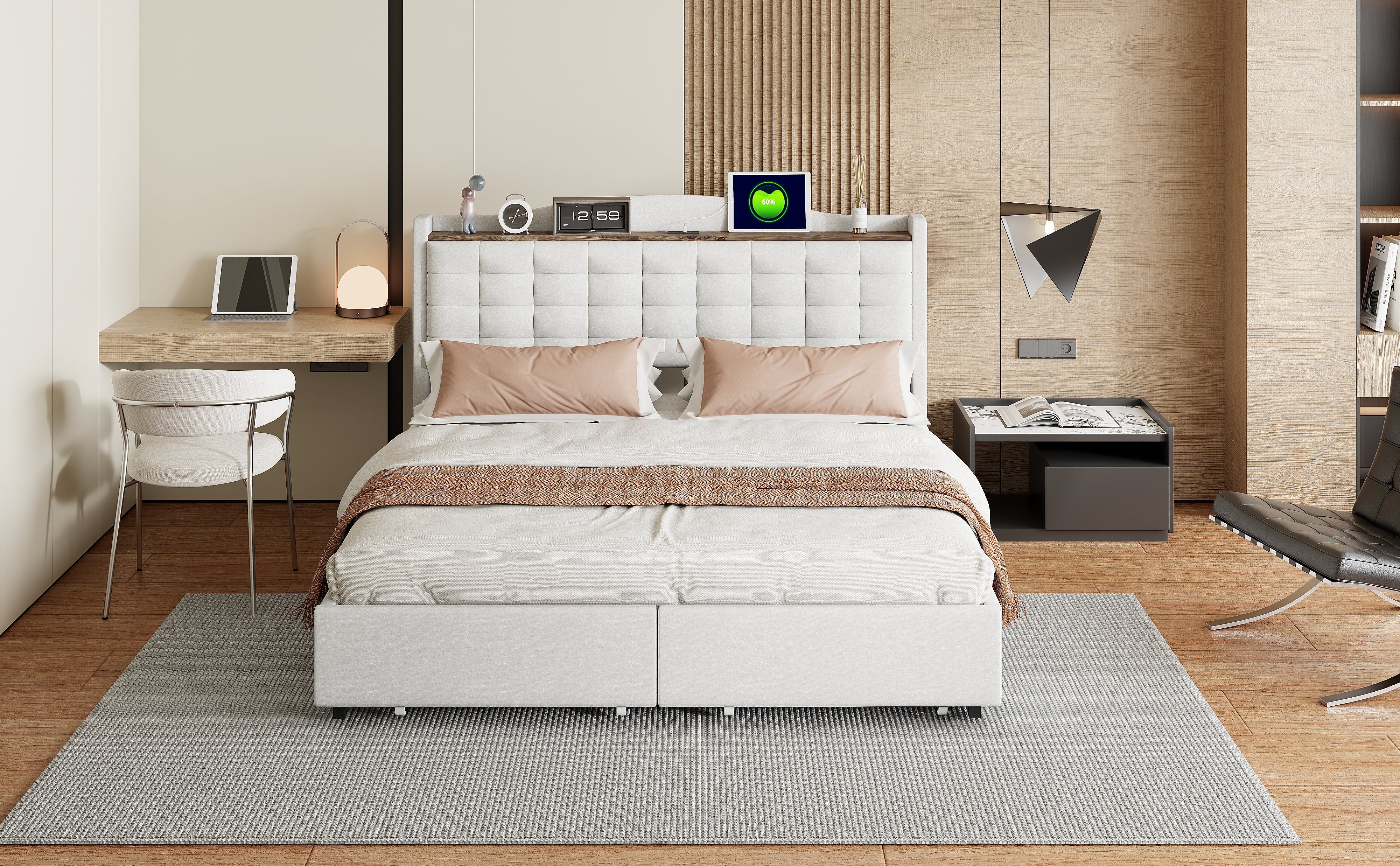 Logidon gestoffeerd bed 160x200 cm beige linnen stof USB-oplaadpoort