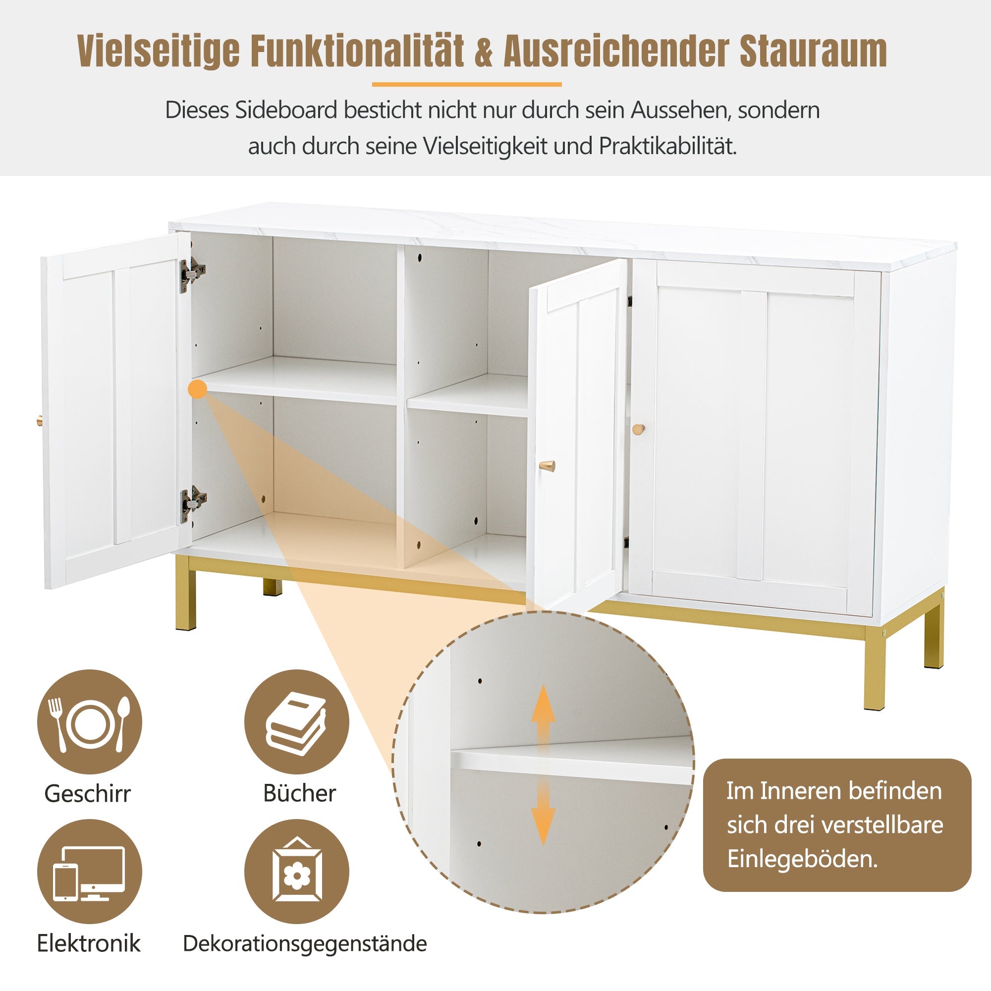 Logidon sideboard 3 doors with marble table top white 140 cm