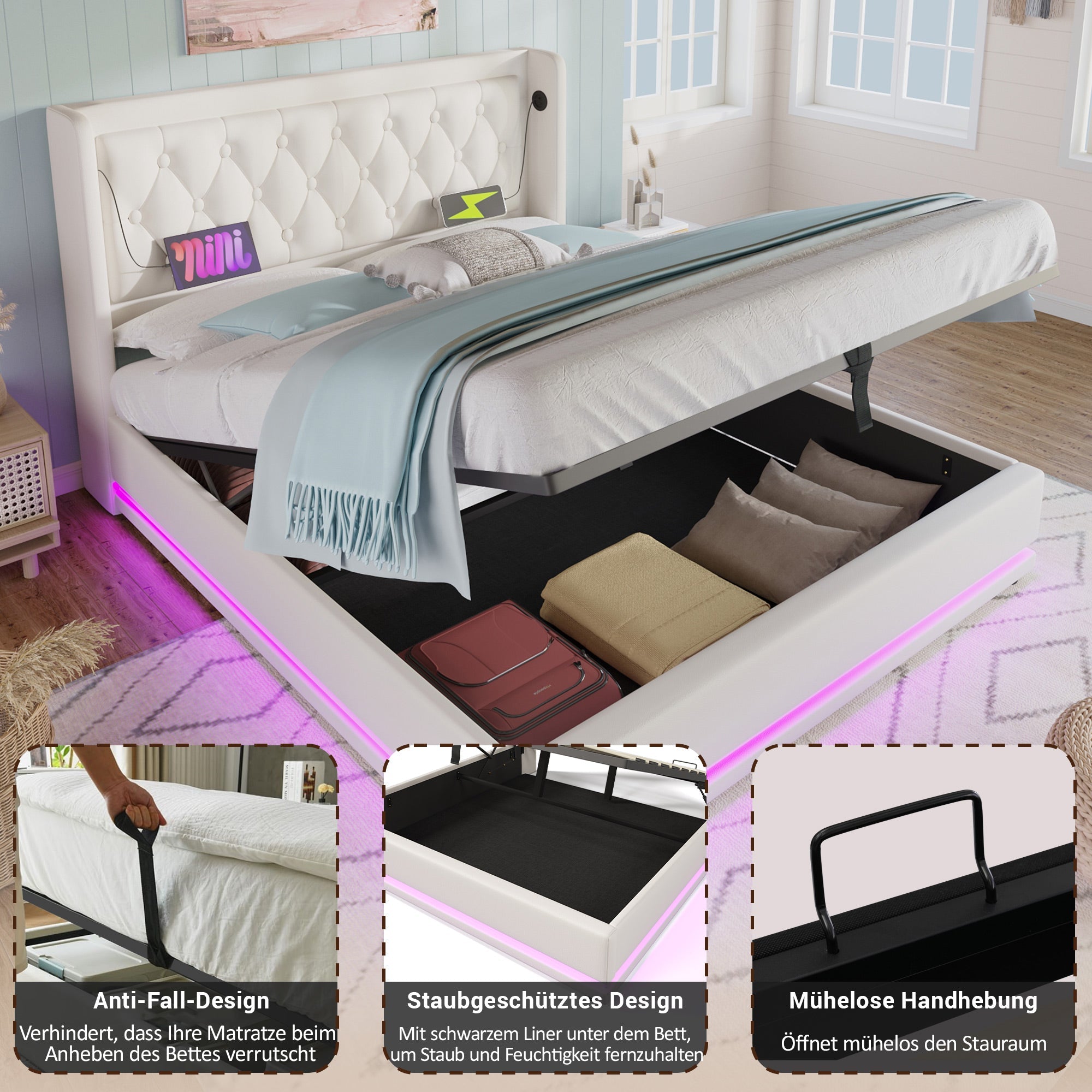 Logidon gestoffeerd bed 160x200 cm wit PU met USB Type C oplaadfunctie