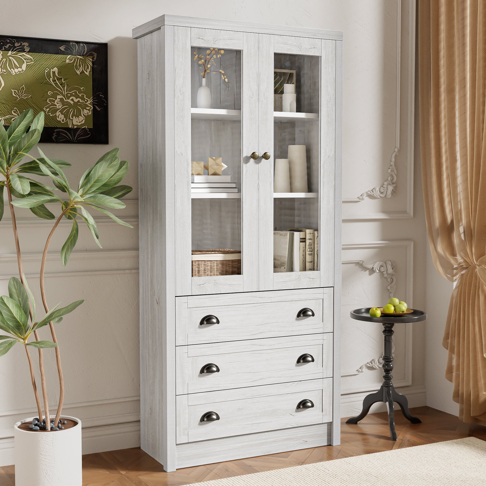 Logidon Modern highboard 80x34x171 cm wood look glass doors copper handles