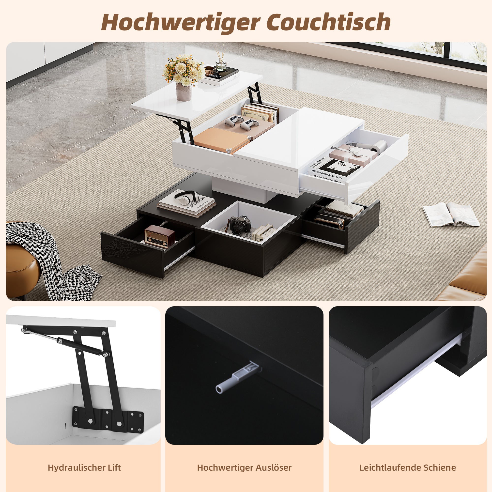 Logidon salontafel 70x70 hefblad 360 graden draaibaar 3 lades wit