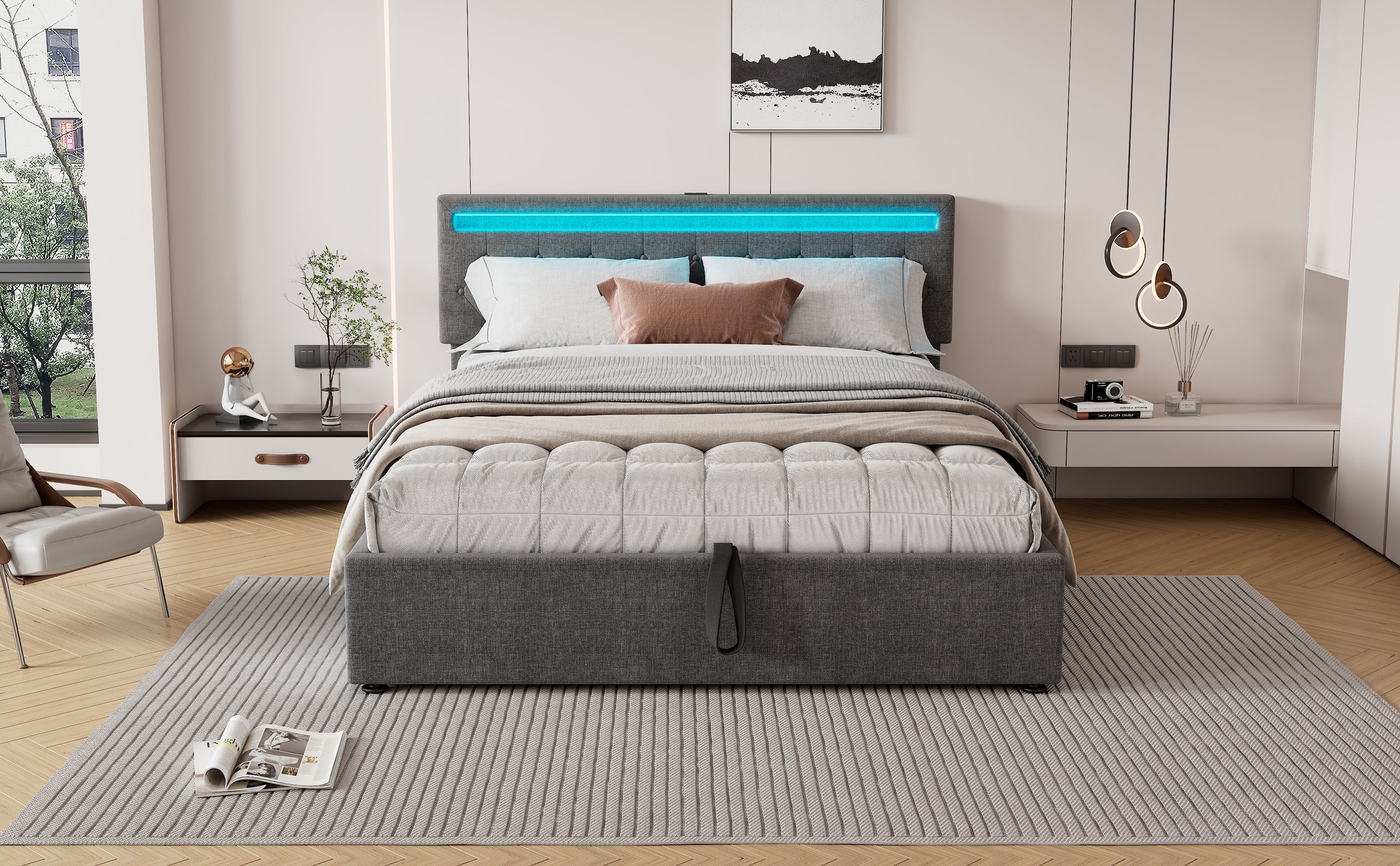 Logidon grijs gestoffeerd bed 160x200 cm met LED Ambient USB-C