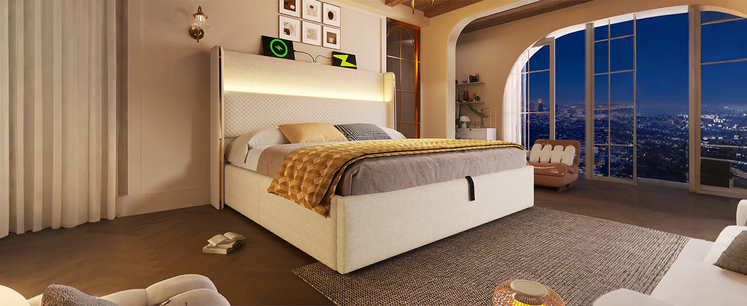Logidon hydraulisch bed 140x200 beige linnenlook met LED