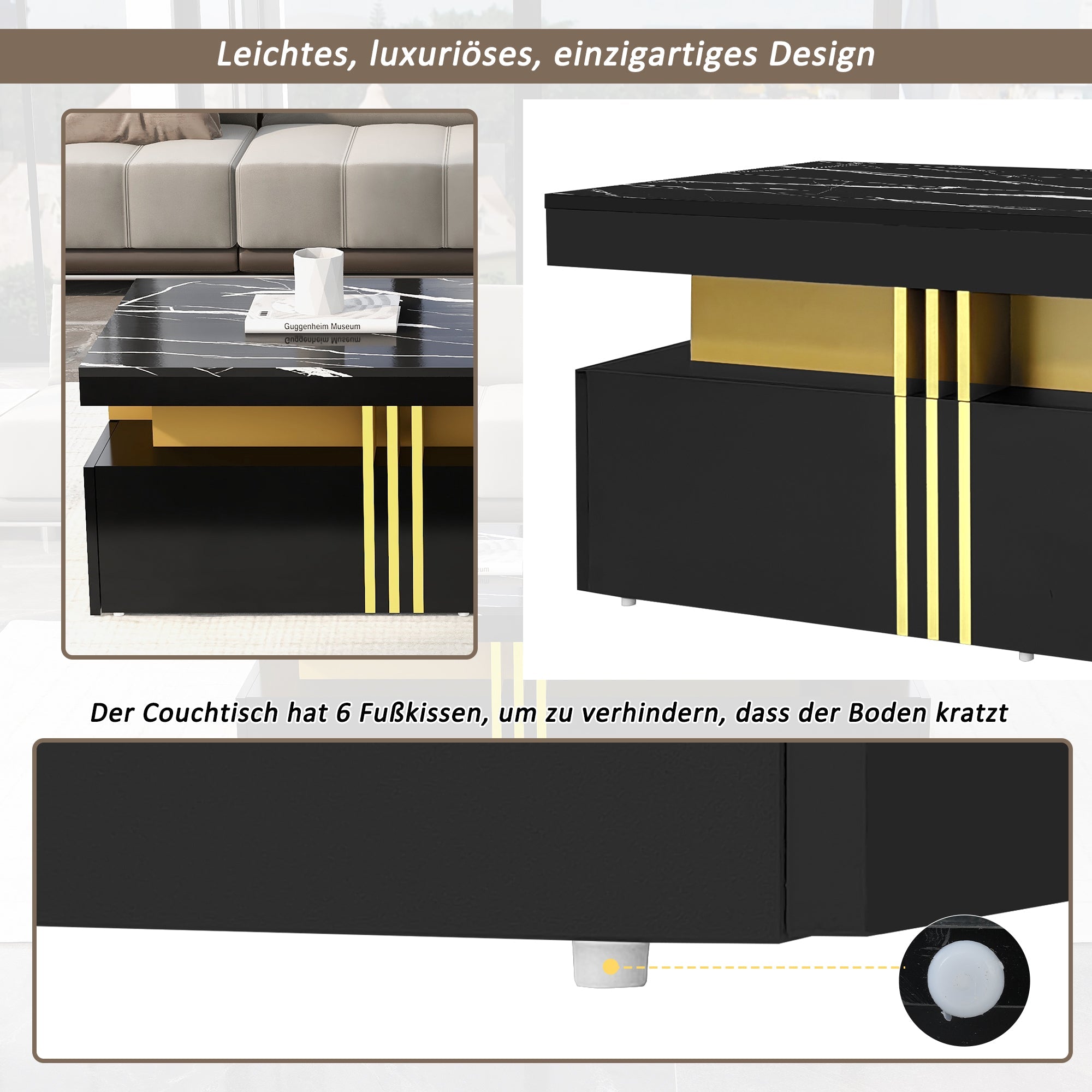 Logidon Zwarte tv-wandmeubelset 2 tv-kast salontafel marmerlook