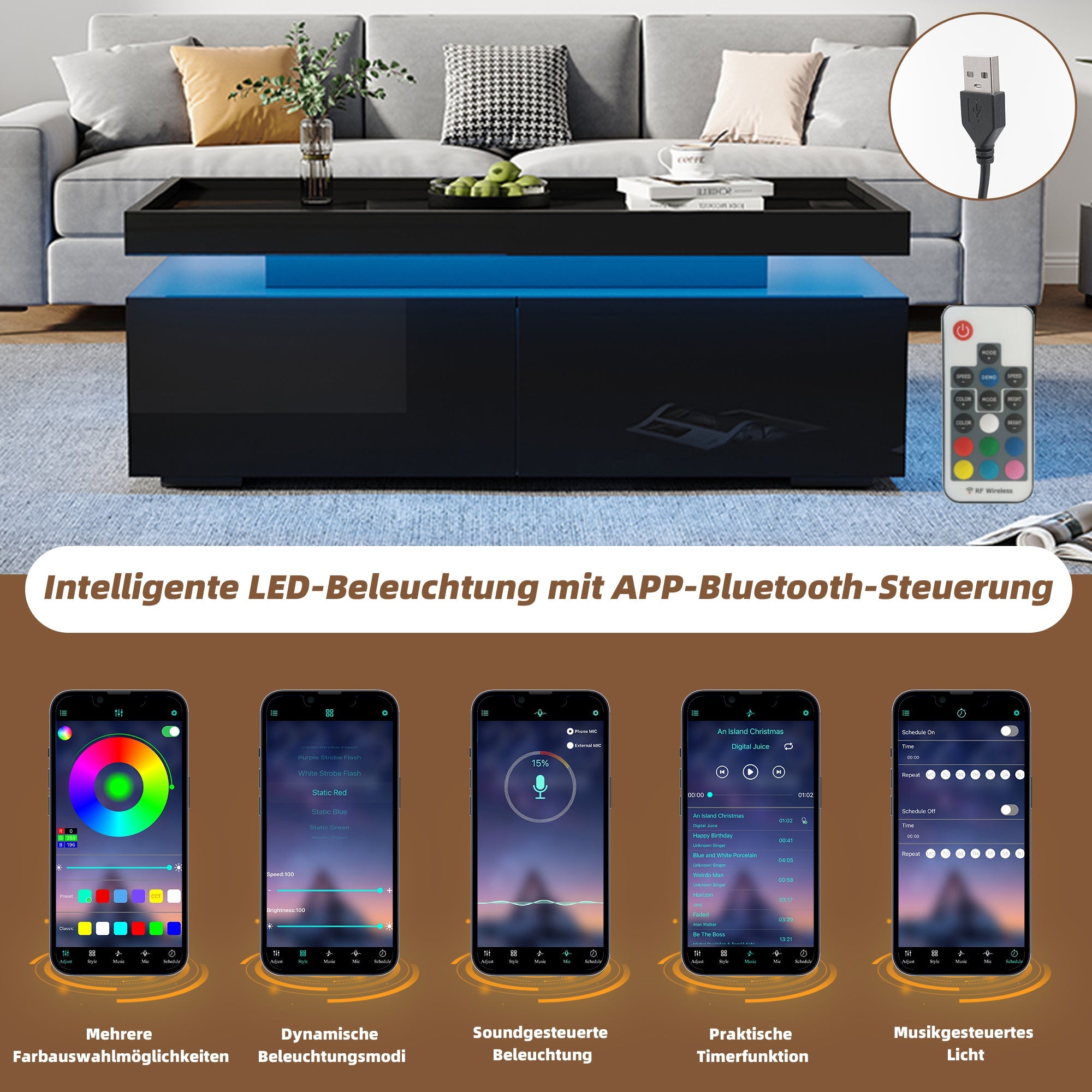 Logidon hoogglans salontafel 95x45x35 cm met LED verlichting zwart