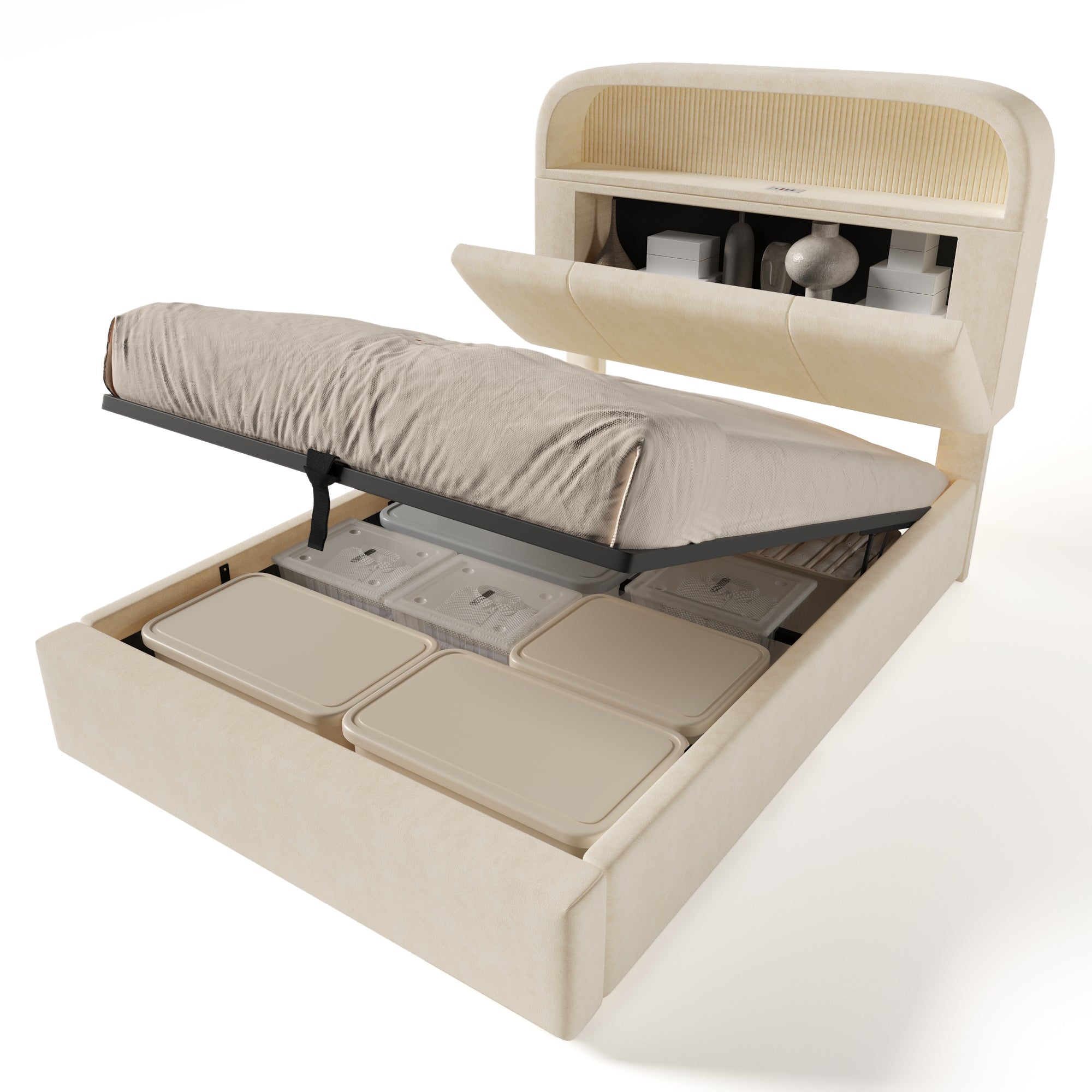 Logidon gestoffeerd bed 90x200 cm beige fluweel met opbergruimte hoofdbord, LED
