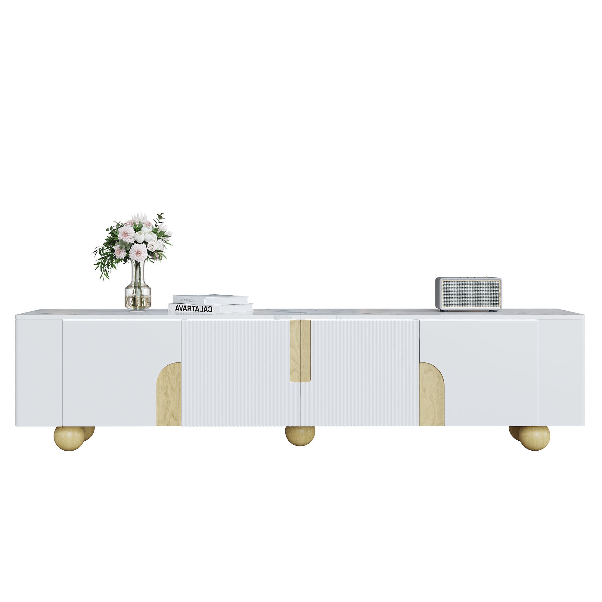 Logidon Wit TV-meubel 180 cm - 4 deuren, marmerlook, houten poten