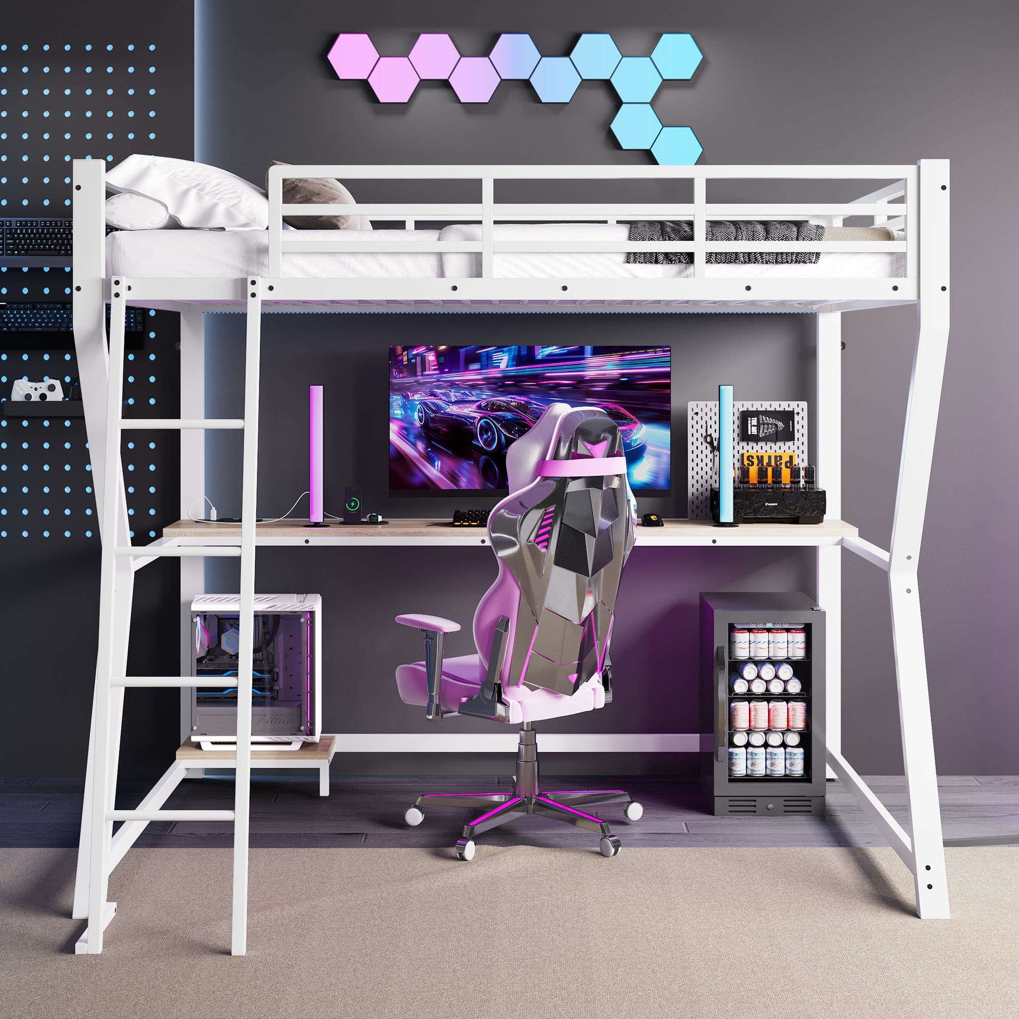 Logidon loft bed 90x200 with LED lighting and computer console white