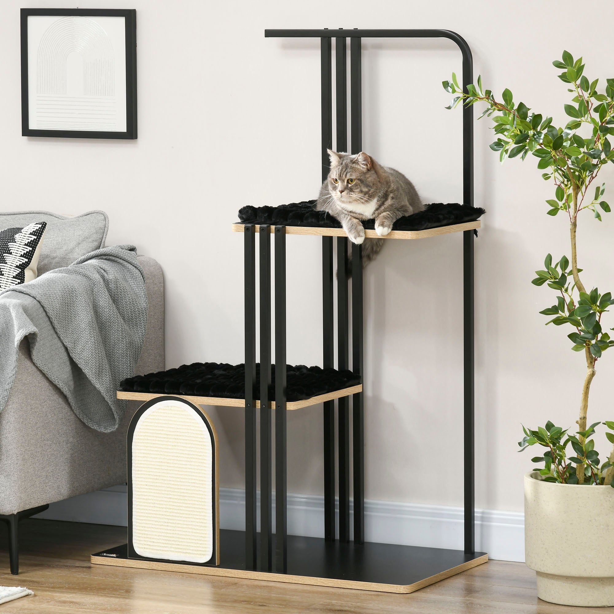 Logidon Krabpaal 128 cm Zwart 2 Platforms Kussen Krabplank