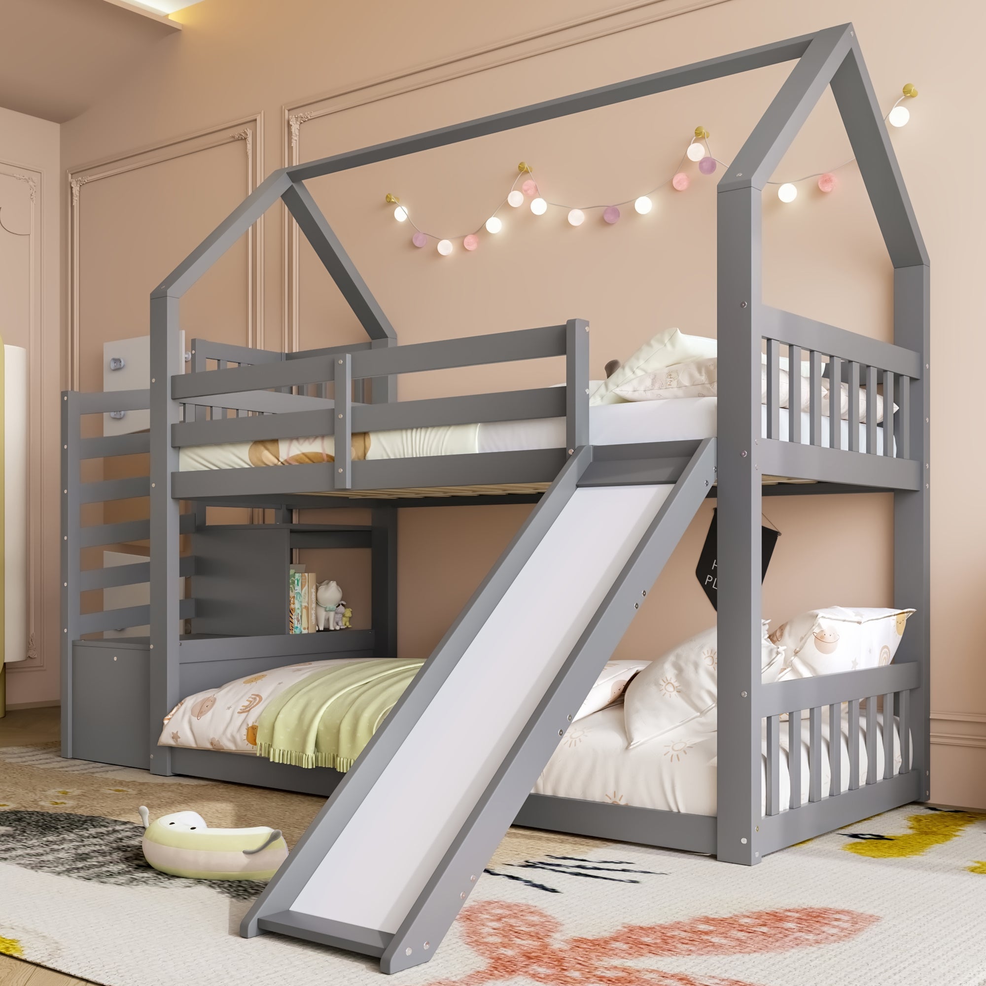 Logidon stapelbed grijs 90x200 met opbergtrap en glijbaan
