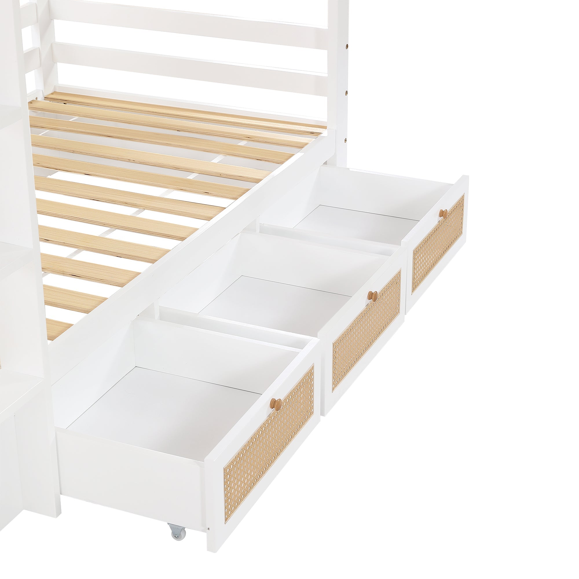Logidon stapelbed 90x200 cm wit met rotan hekwerk drie lades