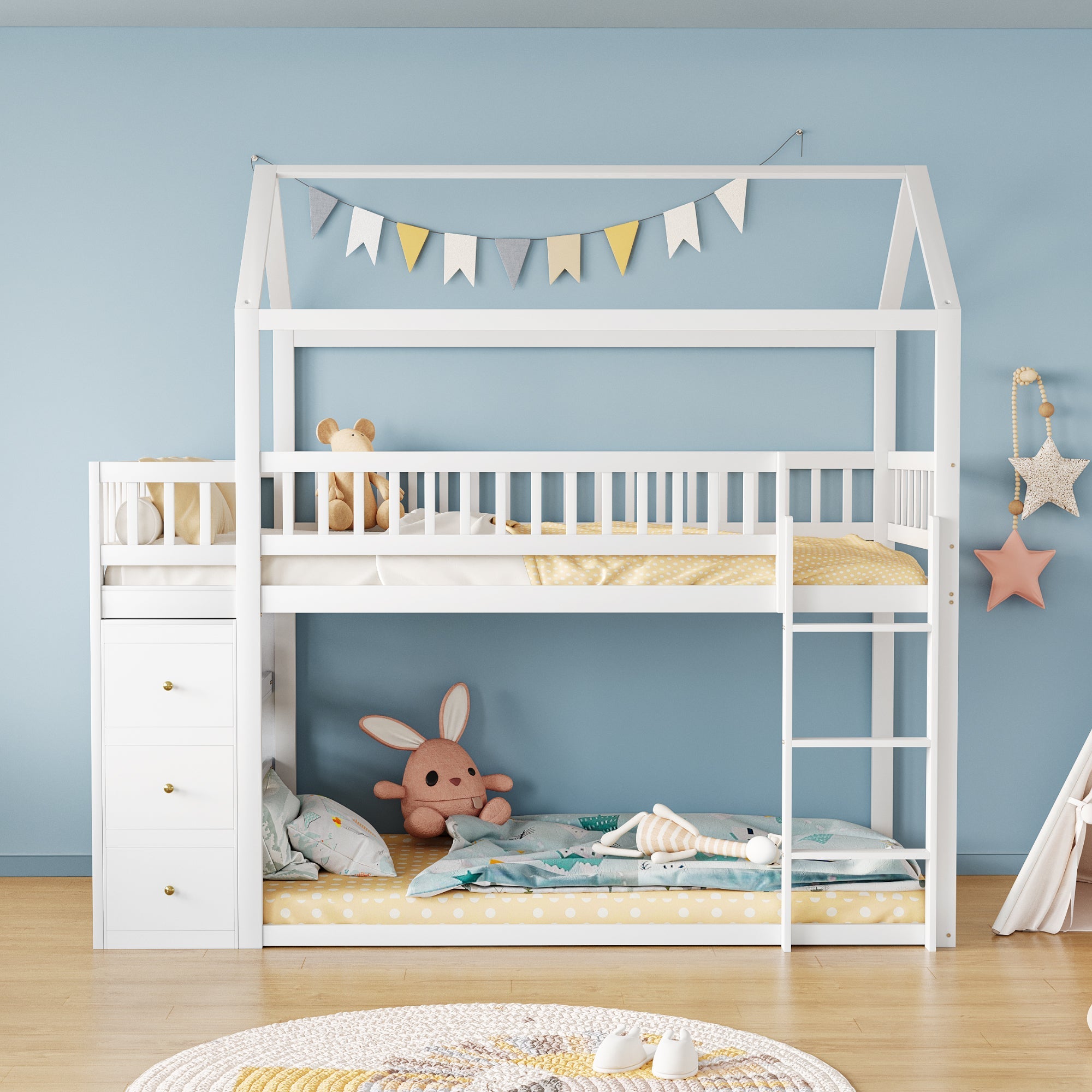Logidon Bunk Bed 90x200 House Shape White With Security Fence Storage