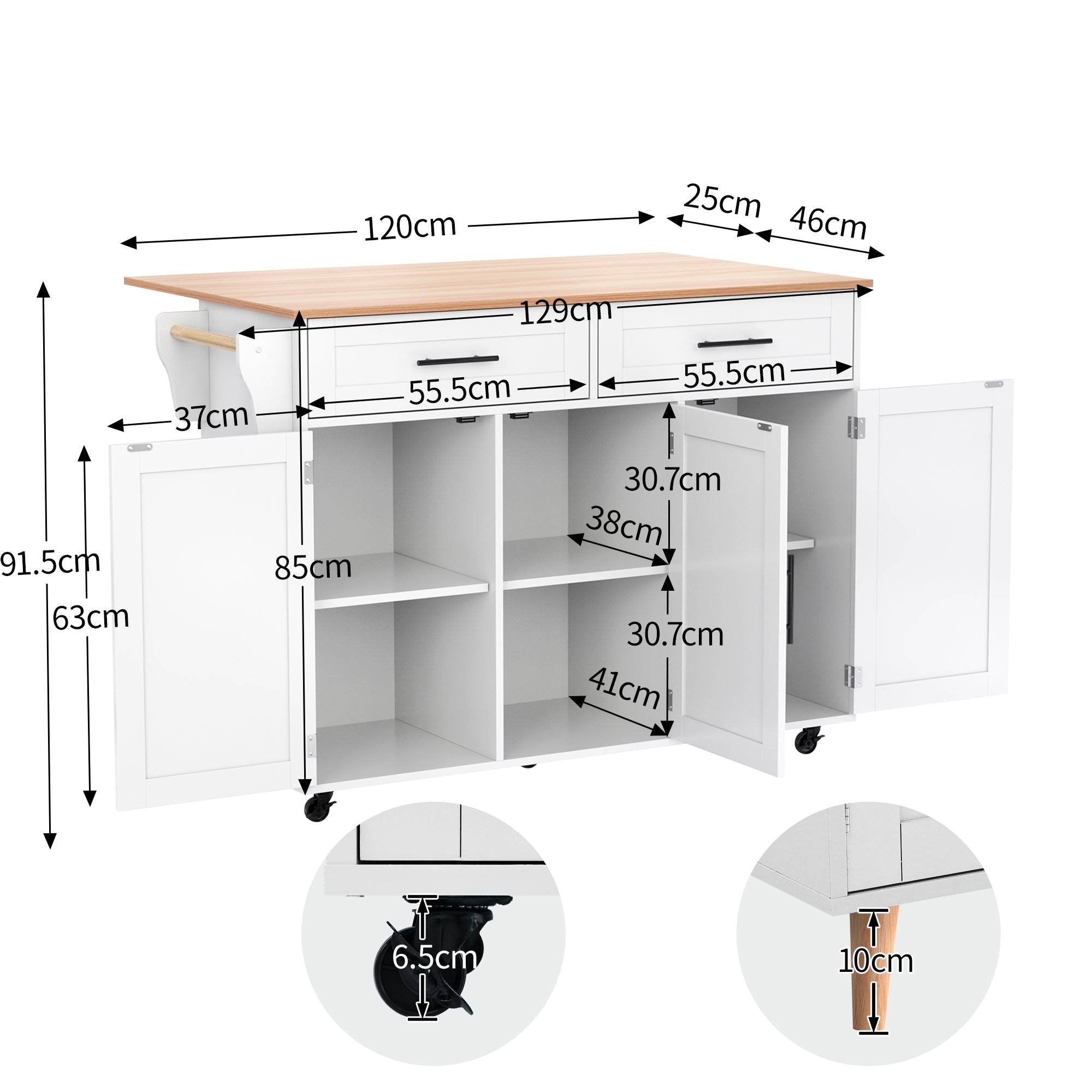 Logidon keukeneiland 129x46 cm met opklapbaar tafelblad, 5 wielen, wit